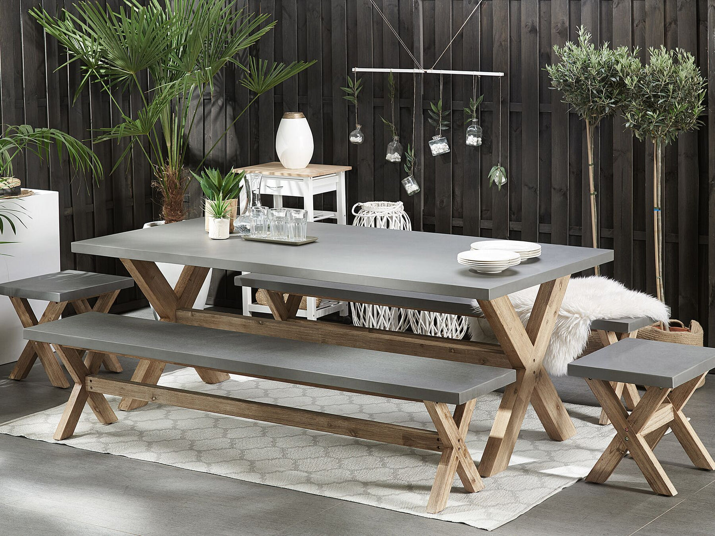Garden Dining Set with Benches and Stools 8 Seater OLBIA Concrete Grey