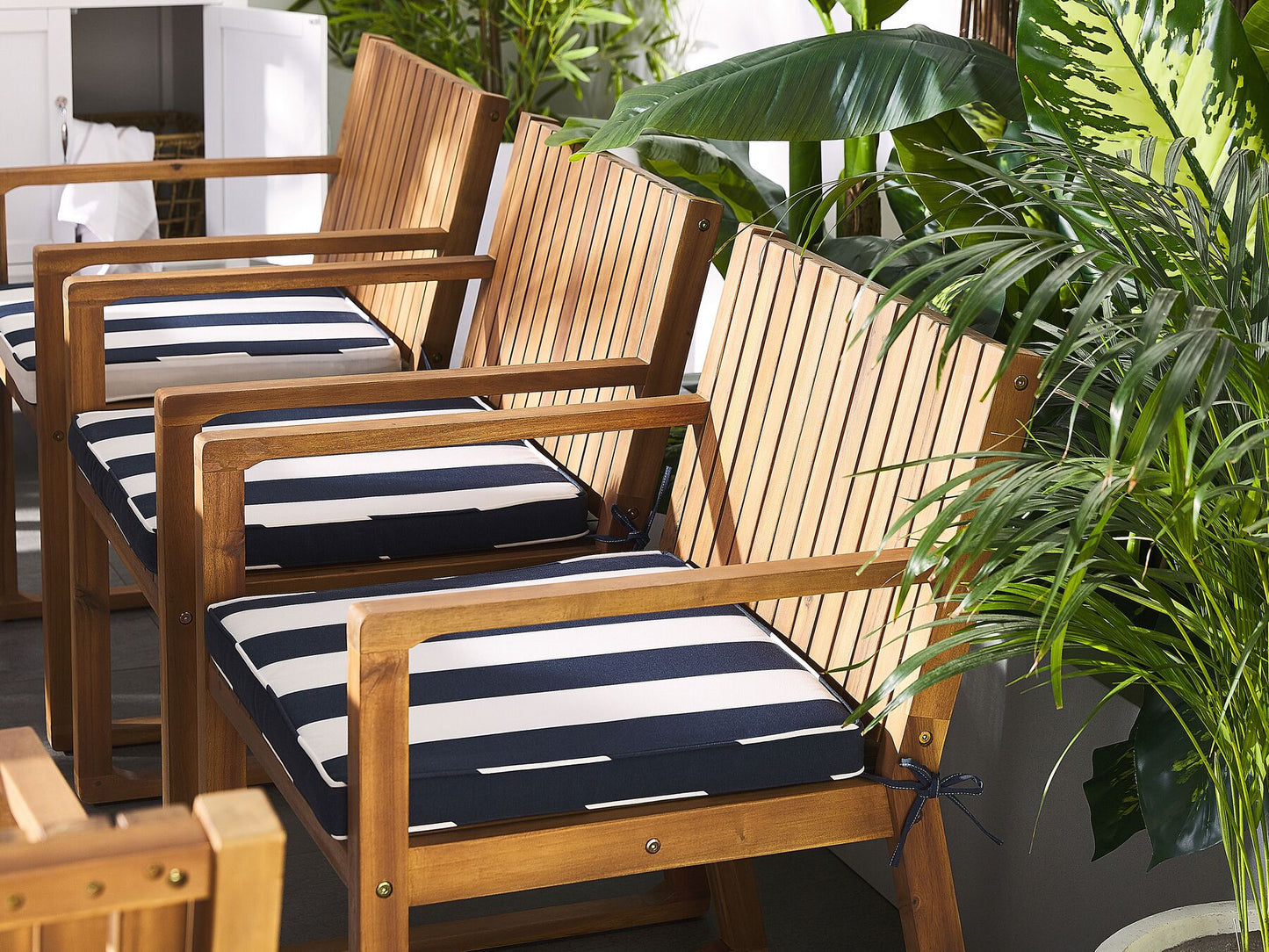 Set of 8 Garden Chairs with Cushions SASSARI Acacia Wood Navy Blue