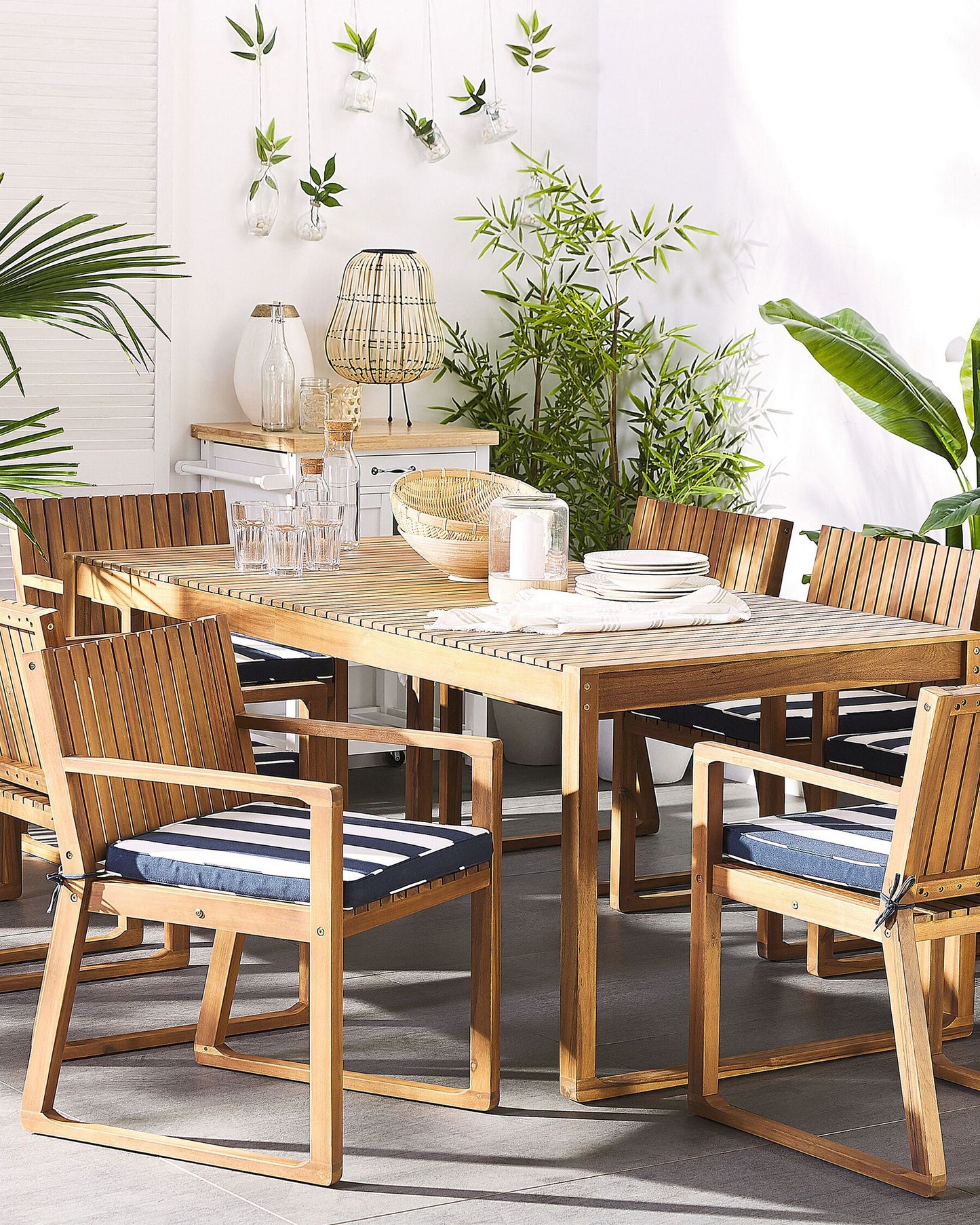 Set of 8 Garden Chairs with Cushions SASSARI Acacia Wood Navy Blue