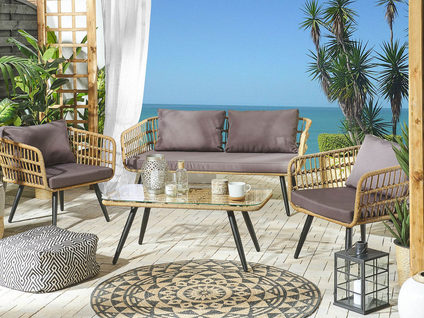 Garden Lounge Set with Table 4 Seater FOBELLO PE Rattan Beige