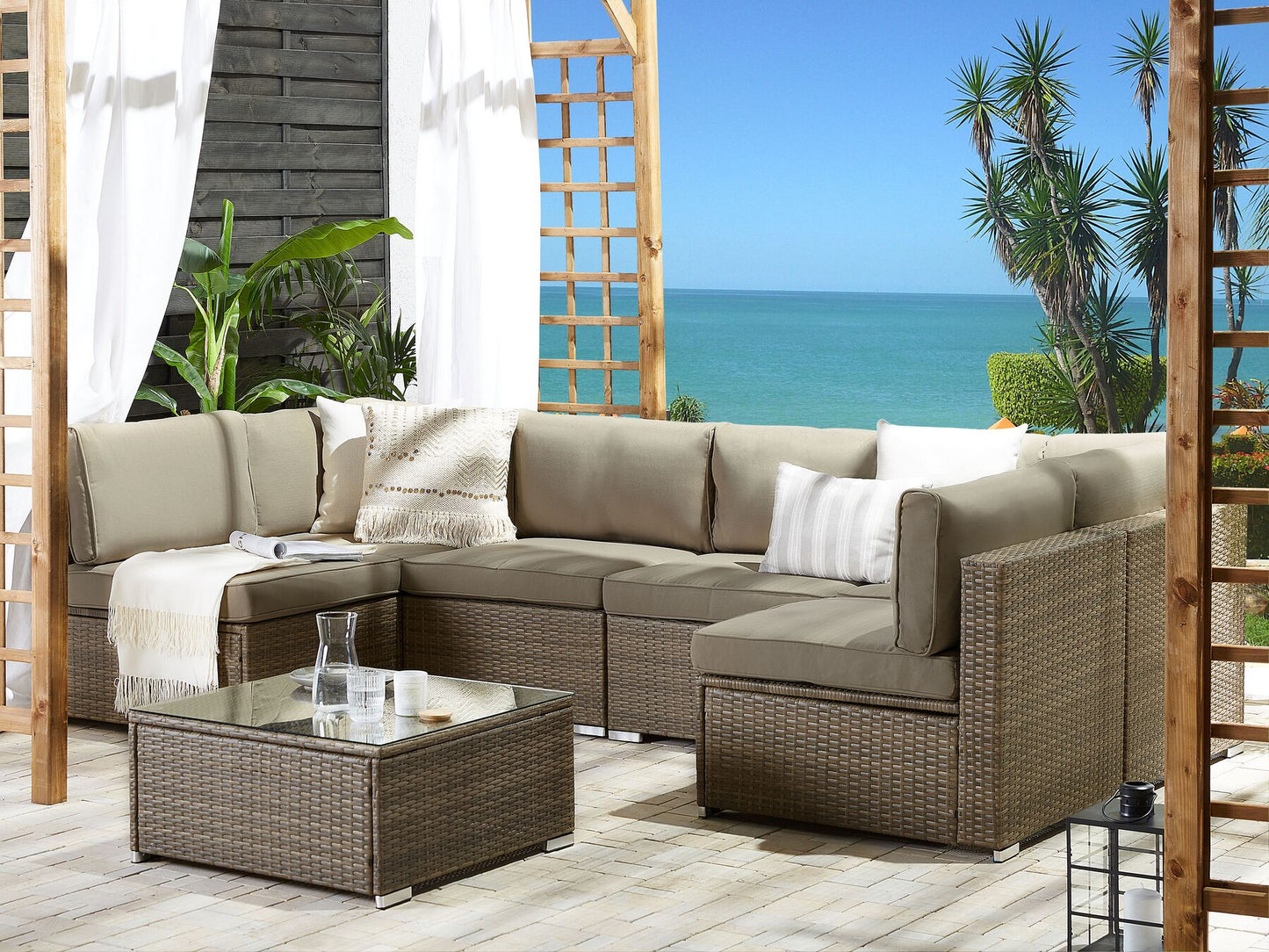 Garden Corner Sofa with Table 6 Seater Rattan Brown