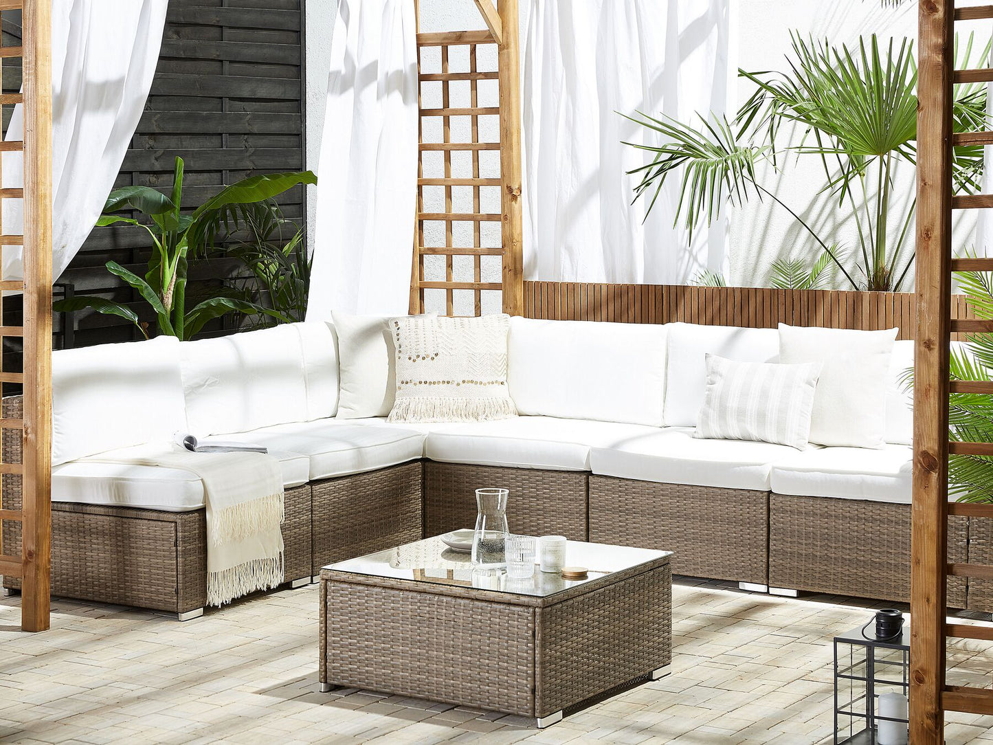 Garden Corner Sofa with Table 6 Seater BELVEDERE PE Rattan White