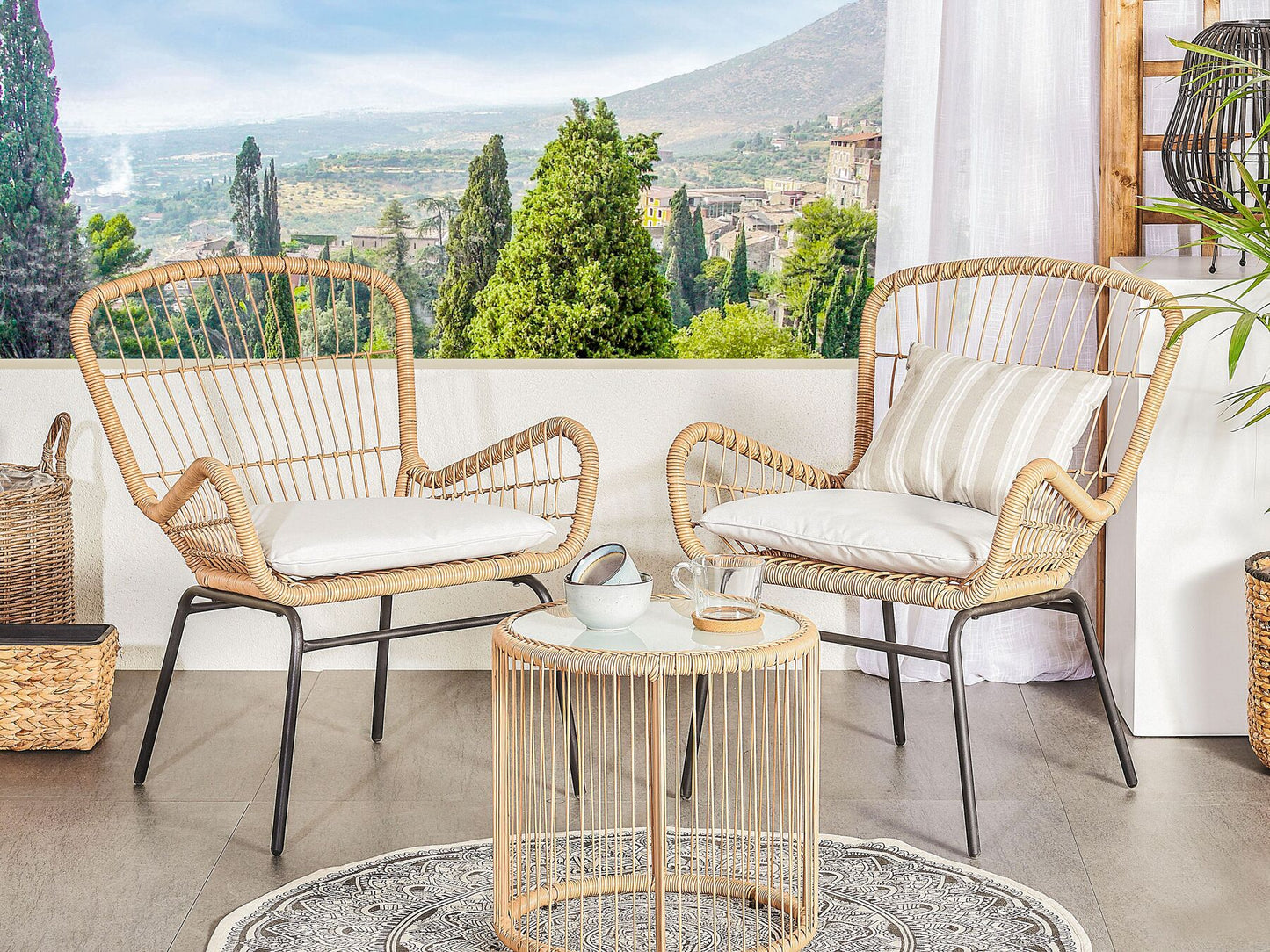 Bistro Set with Cushions LABICO PE Rattan Light Brown