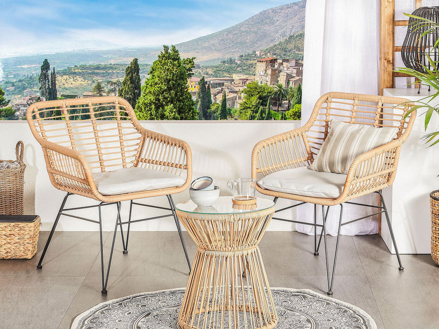 Bistro Set with Cushions TRESTINA PE Rattan Light Brown