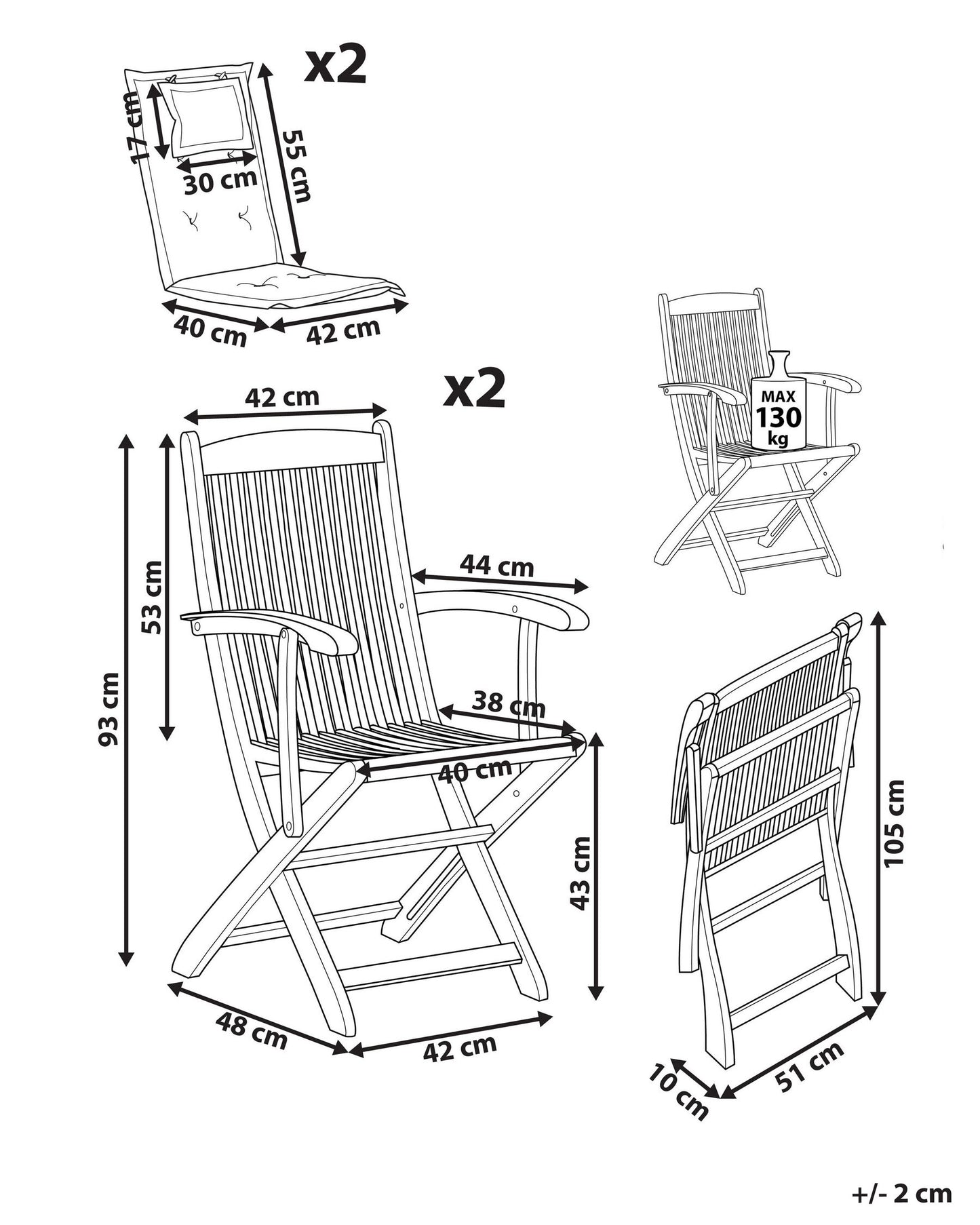 Set of 2 Garden Chairs with Cushions MAUI Acacia Wood Grey