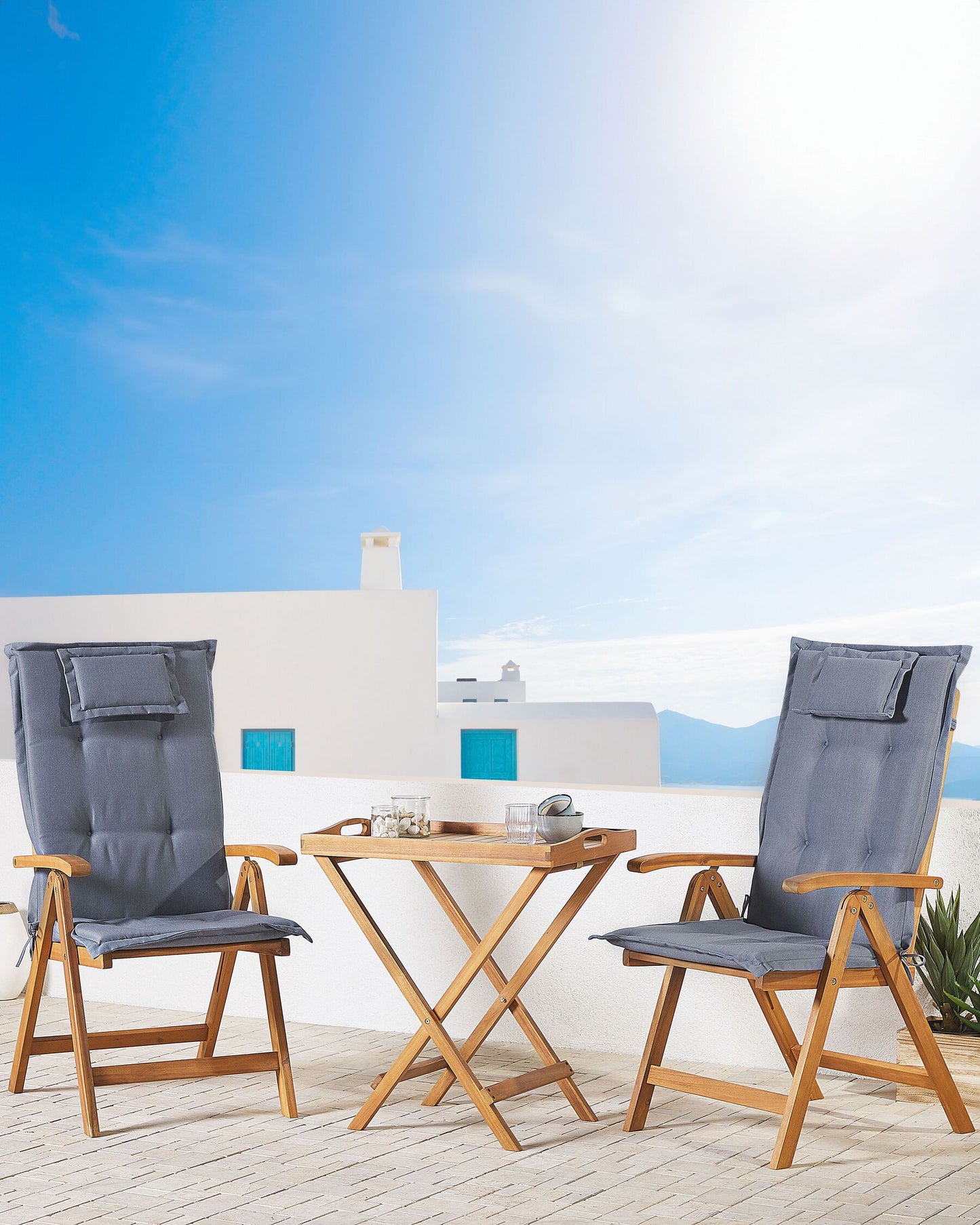 Set of 2 Garden Chairs with Cushions JAVA Acacia Wood Blue