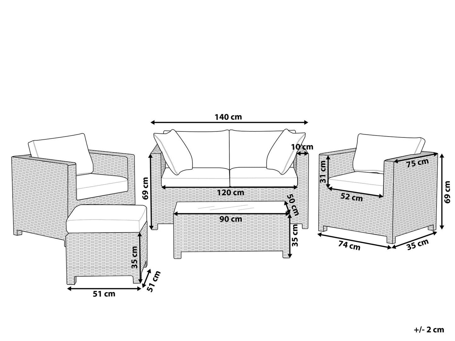 Garden Lounge Set with Table and Ottoman 4 Seater MILANO PE Rattan Light Grey