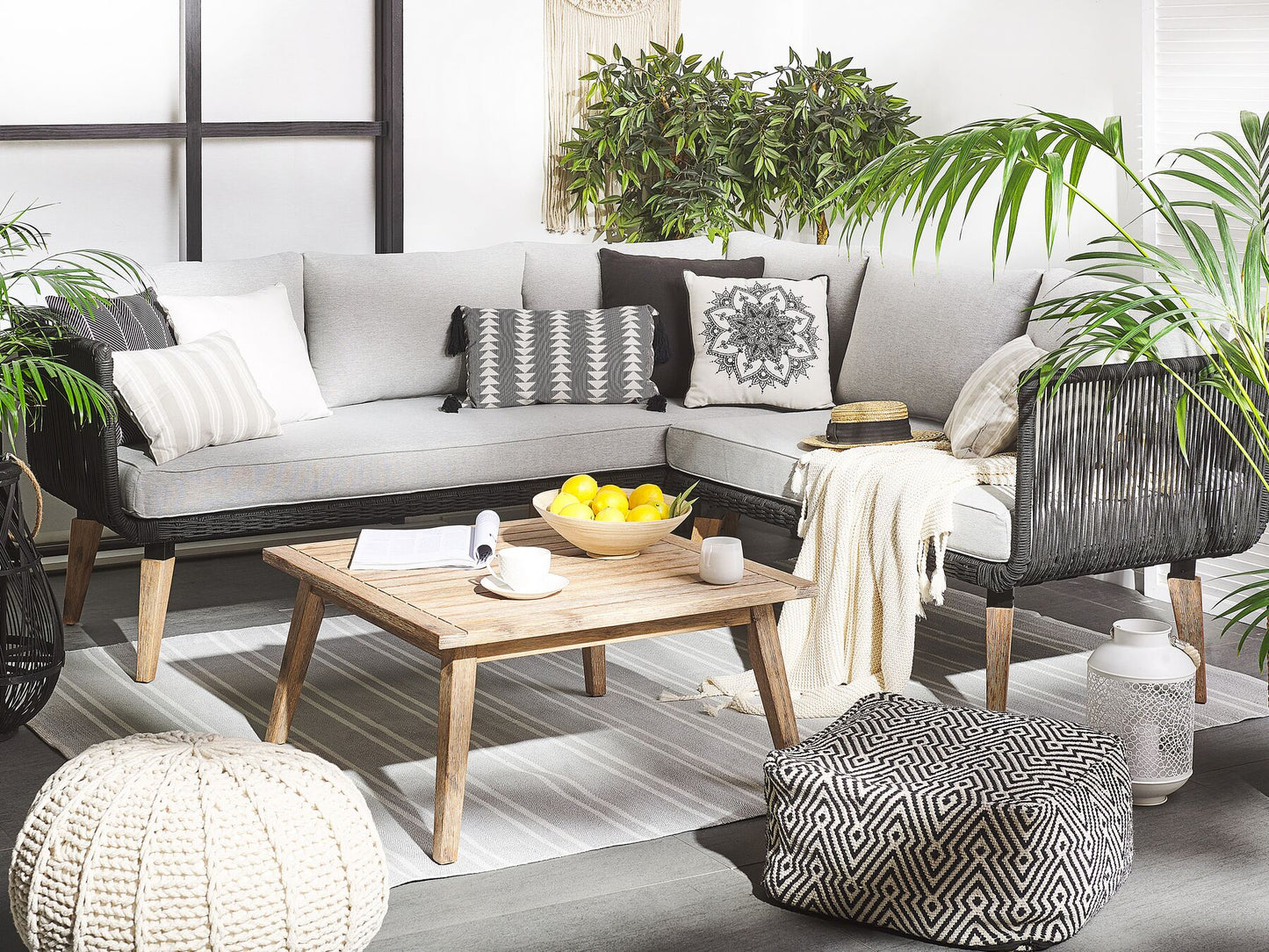 Garden Corner Sofa with Table 5 Seater ALCAMO Left Hand Acacia Wood Black