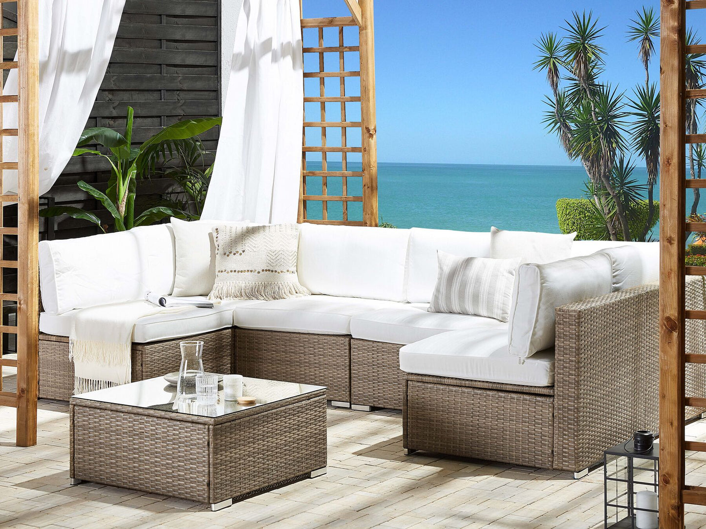 Garden Corner Sofa with Table 6 Seater BELVEDERE PE Rattan White