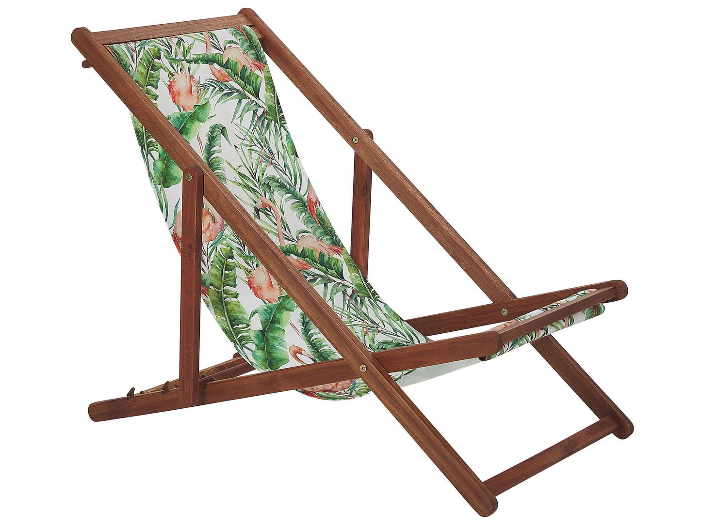 Set of 2 Acacia Folding Deck Chairs and 2 Replacement Fabrics Dark Wood with Off-White / Flamingo Pattern ANZIO