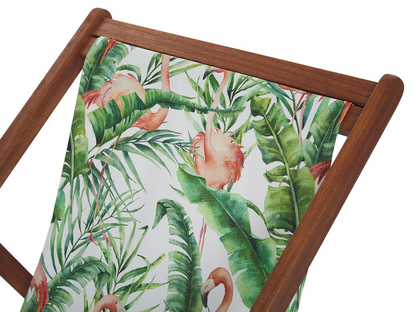 Set of 2 Acacia Folding Deck Chairs and 2 Replacement Fabrics Dark Wood with Off-White / Flamingo Pattern ANZIO