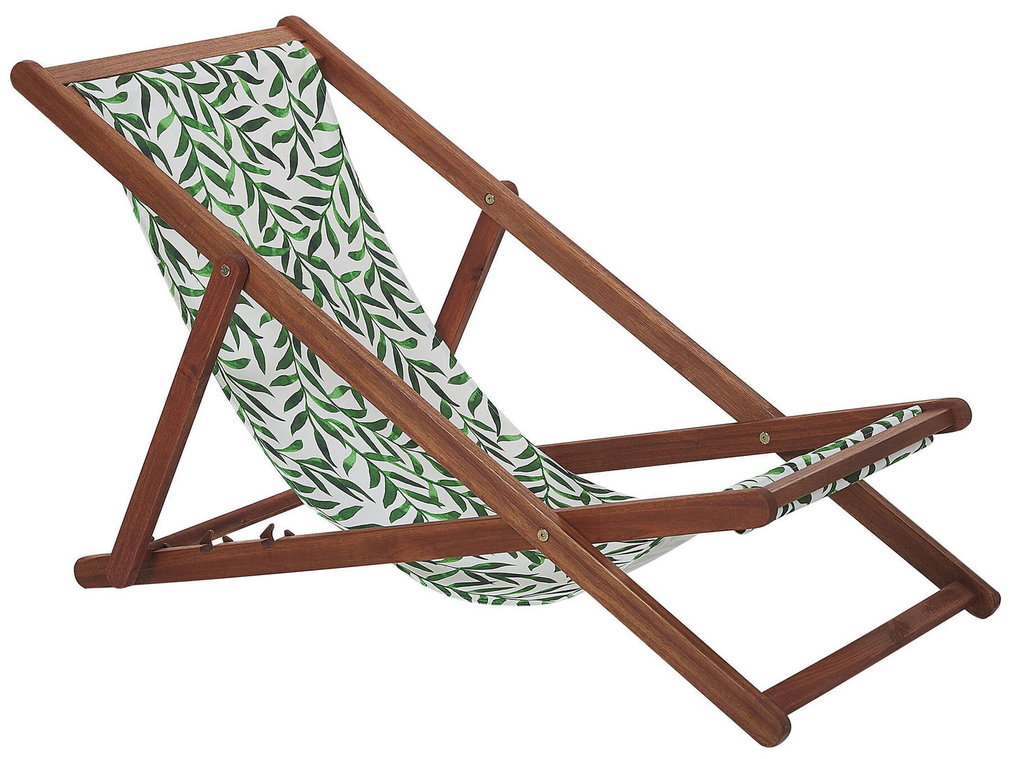 Set of 2 Acacia Folding Deck Chairs and 2 Replacement Fabrics Dark Wood with Off-White / Leaf Pattern ANZIO