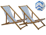 Set of 2 Acacia Folding Deck Chairs and 2 Replacement Fabrics Light Wood with Off-White / White and Blue Pattern ANZIO