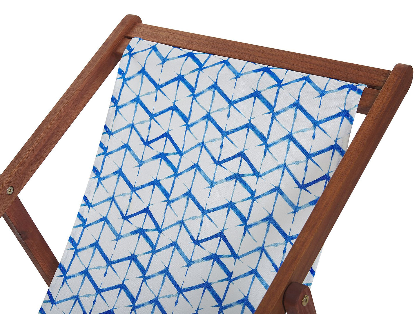 Set of 2 Acacia Folding Deck Chairs and 2 Replacement Fabrics Dark Wood with Off-White / White and Blue Pattern ANZIO
