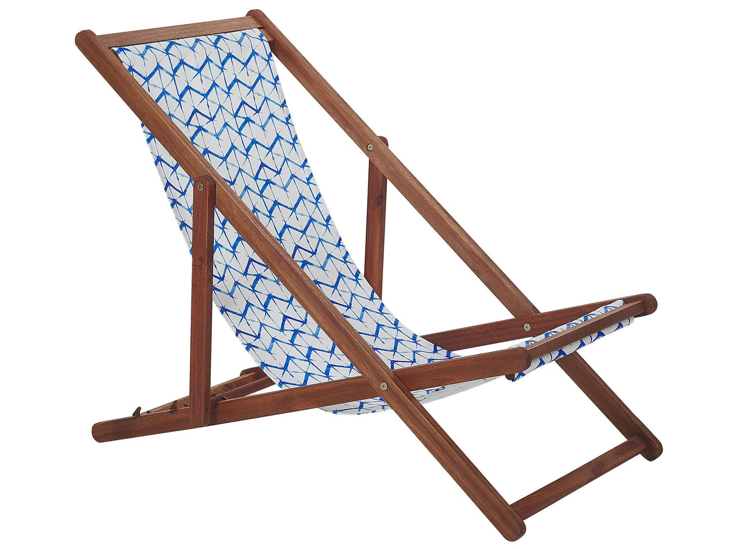 Set of 2 Acacia Folding Deck Chairs and 2 Replacement Fabrics Dark Wood with Off-White / White and Blue Pattern ANZIO