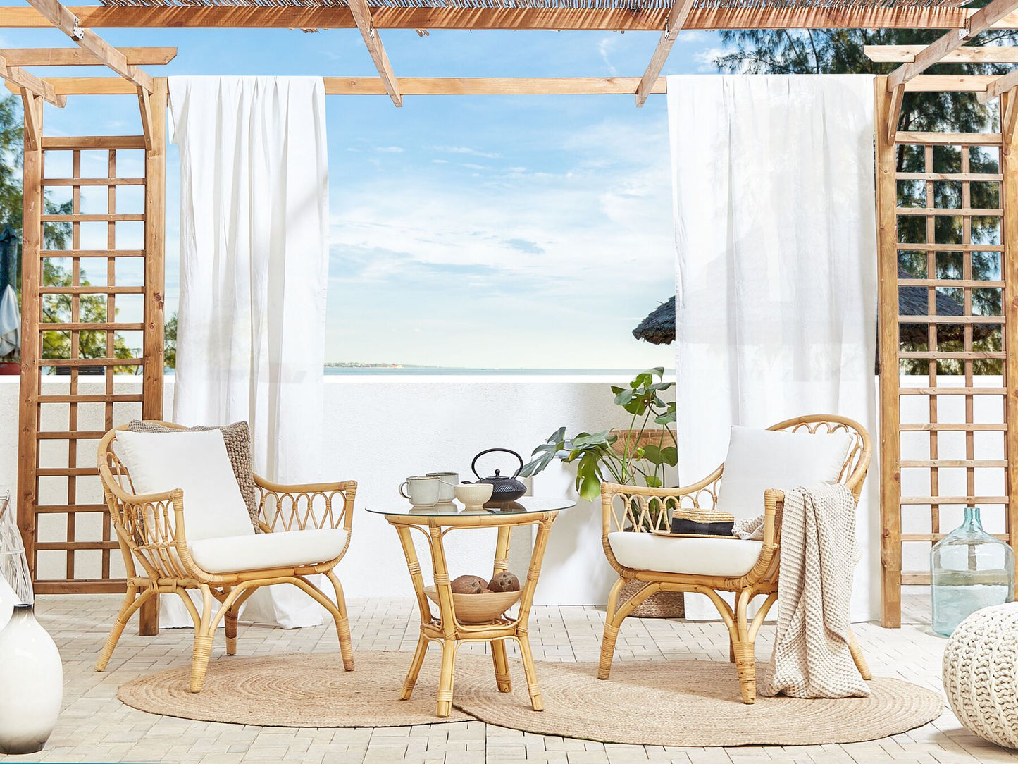 Garden Lounge Set with Table 4 Seater SIBARI Rattan Natural