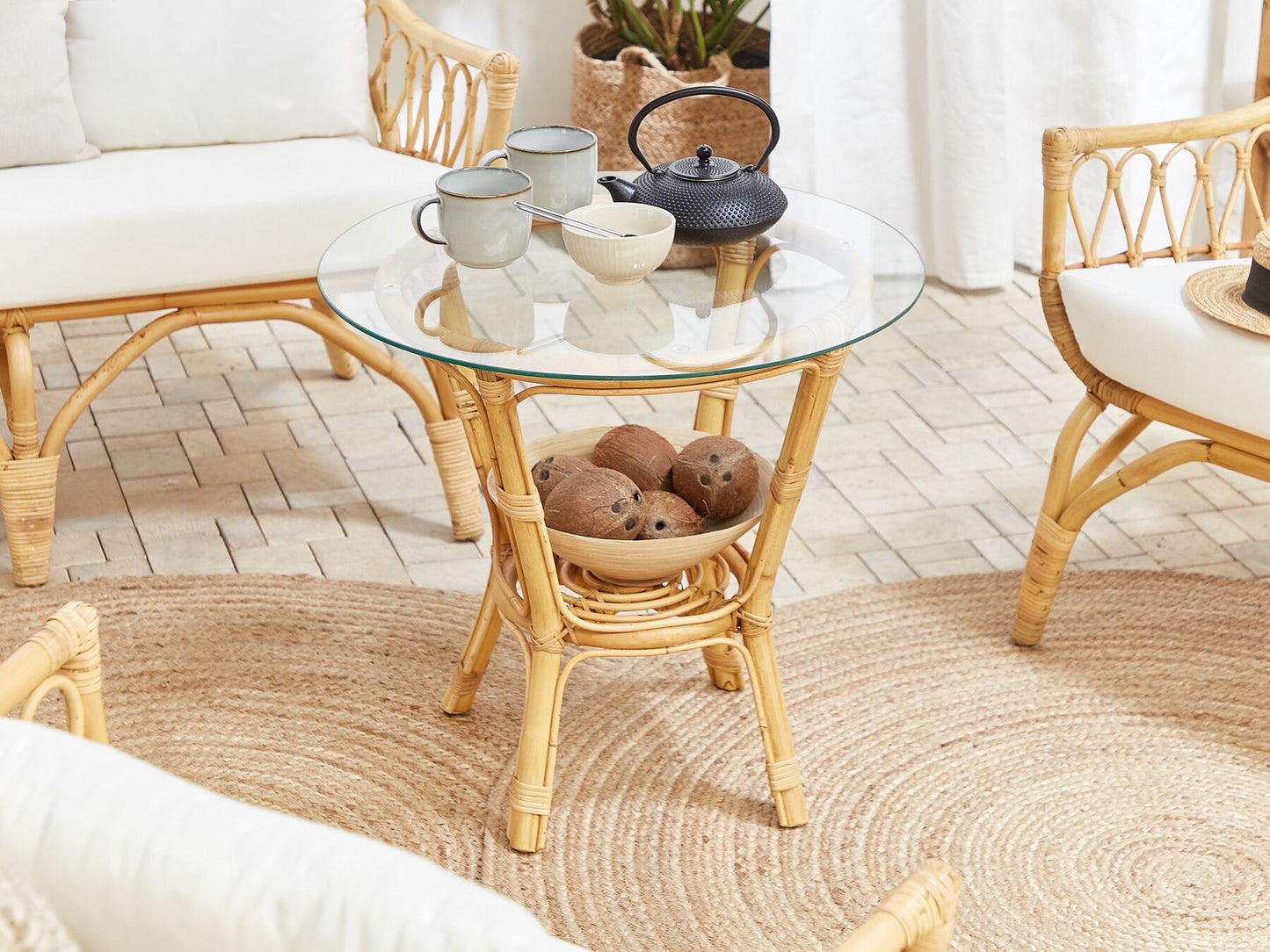 Garden Lounge Set with Table 4 Seater SIBARI Rattan Natural