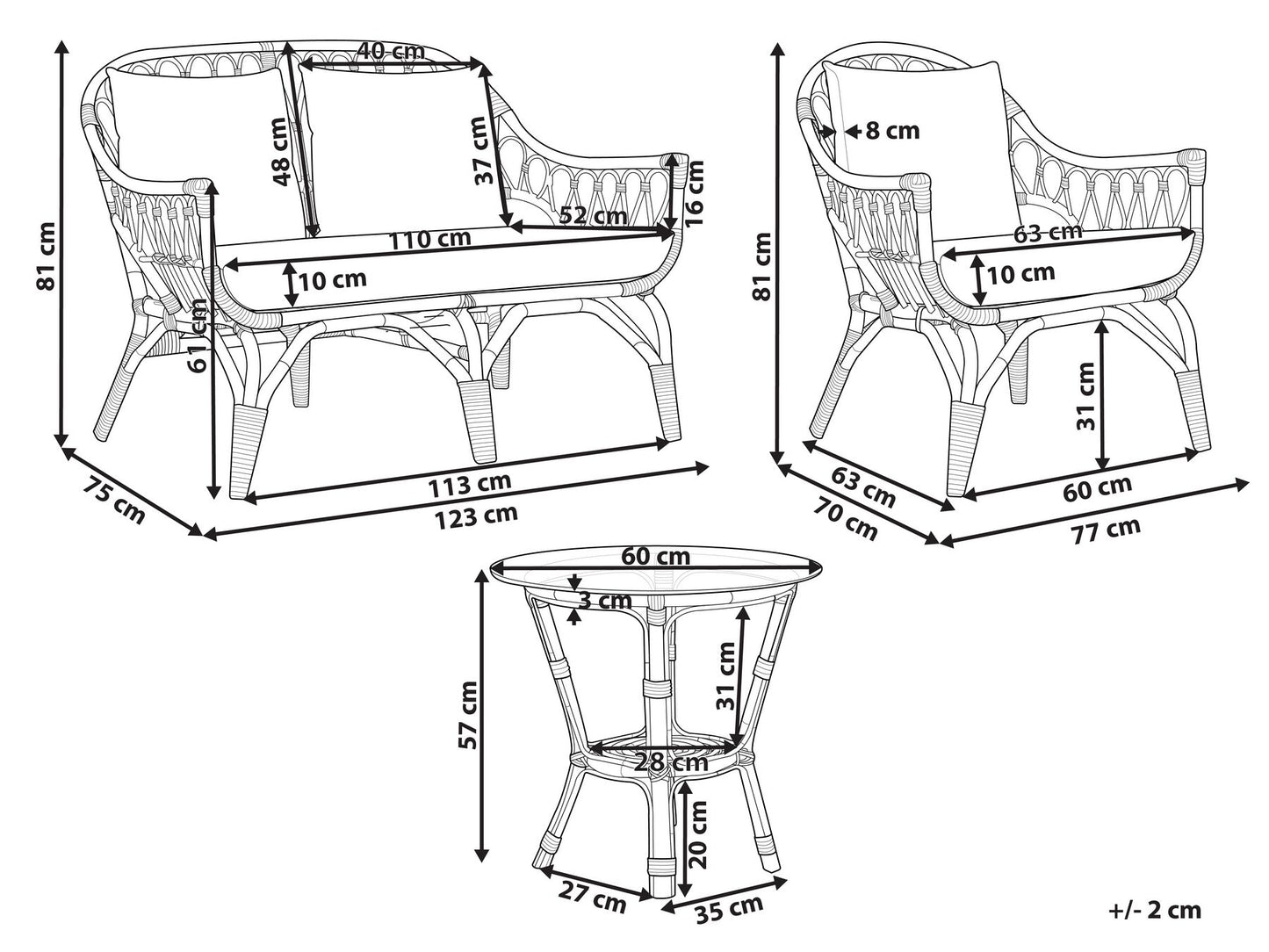 Garden Lounge Set with Table 4 Seater SIBARI Rattan Natural