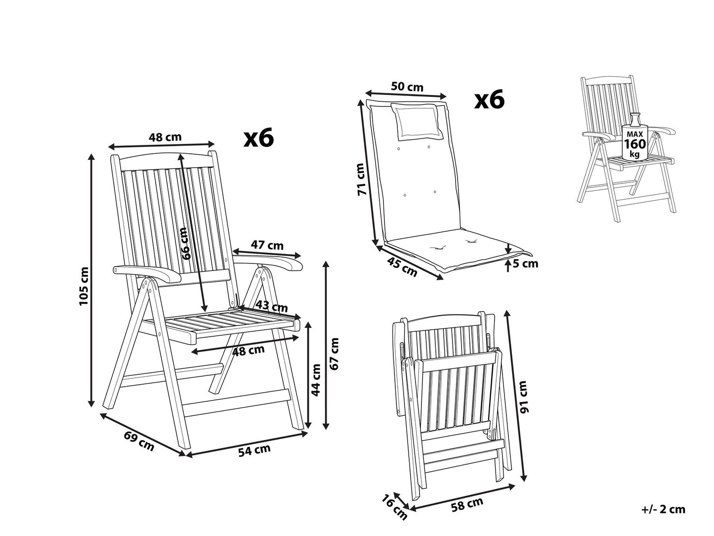 Set of 6 Garden Chairs with Cushions JAVA Acacia Wood Dark Red