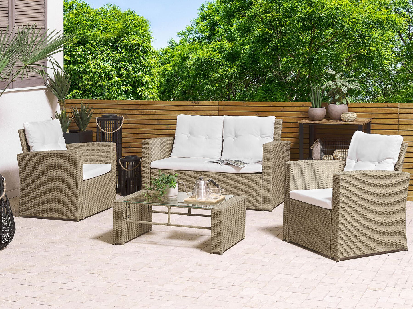 Garden Lounge Set with Table 4 Seater LUCA PE Rattan Light Brown