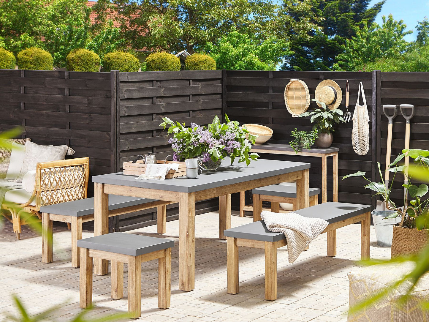 Garden Dining Set with Benches and Stools 8 Seater OSTUNI Concrete Grey