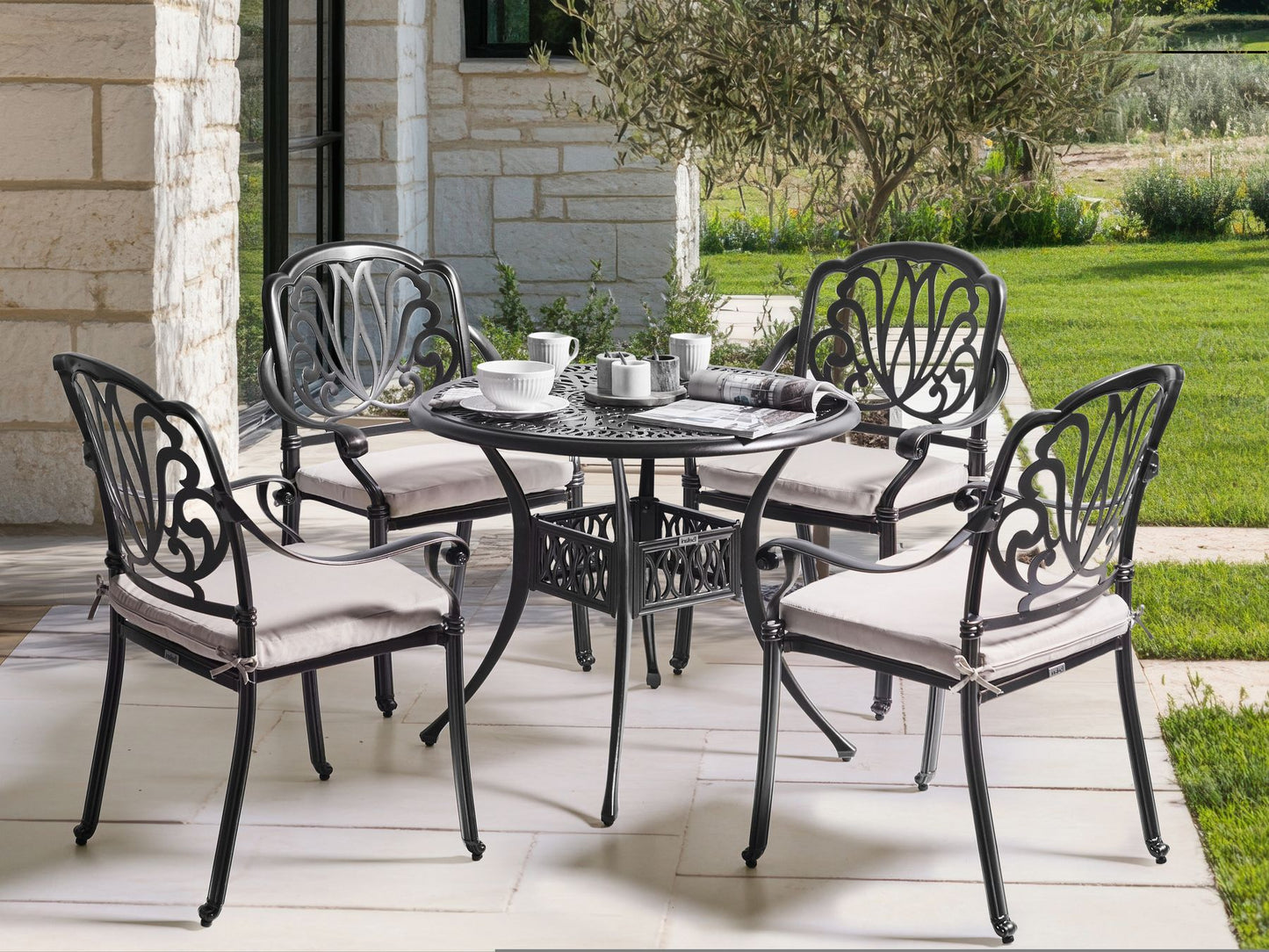 Garden Dining Set 4 Seater ANCONA with Cushions Metal Black