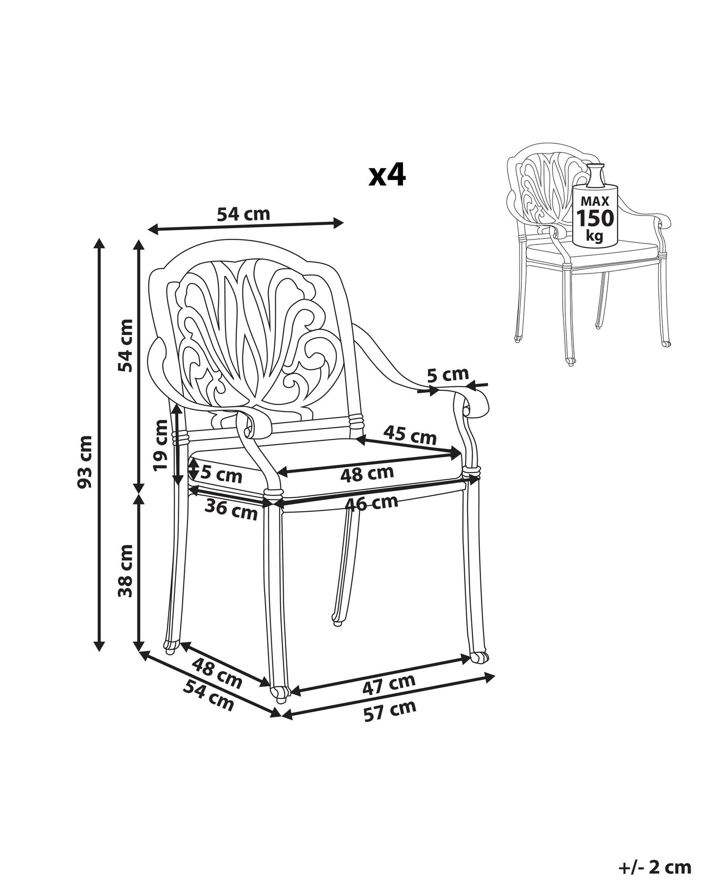Set of 4 Garden Chairs with Cushions ANCONA Metal Black