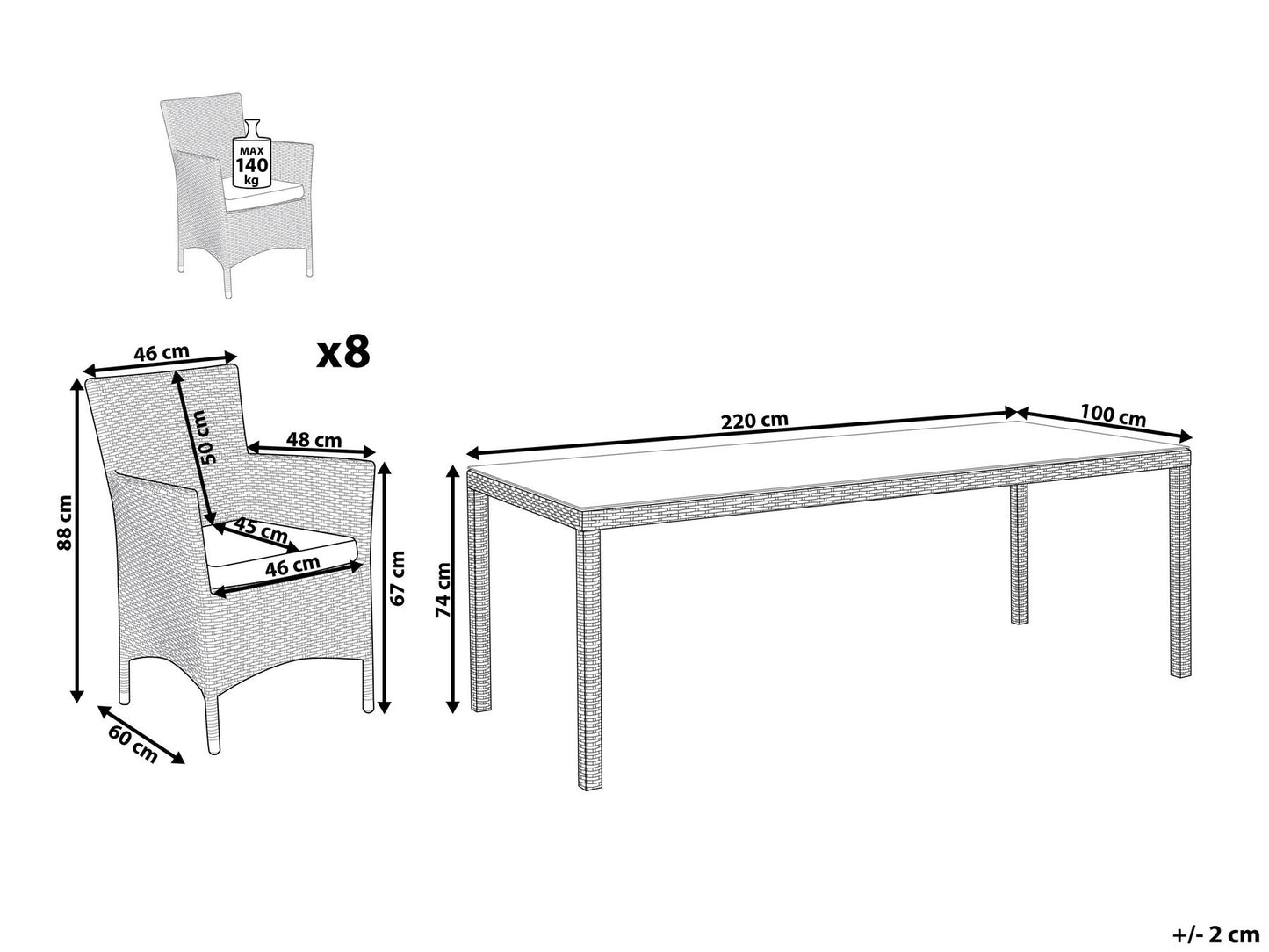 Garden Dining Set 8 Seater ITALY with Cushions PE Rattan White