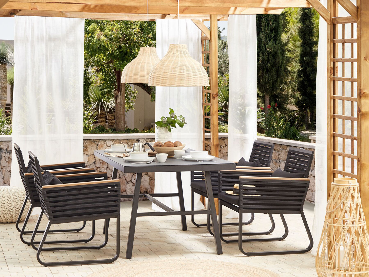 Garden Dining Set 4 Seater CANETTO with Cushions Metal Black