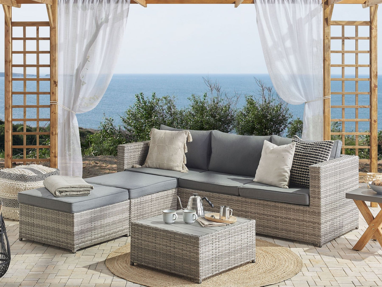 Garden Corner Sofa with Table 5 Seater Left Hand Modular Rattan Light Grey