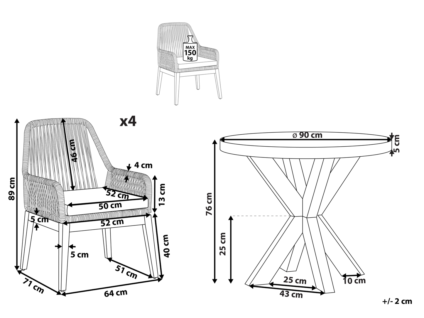 Garden Dining Set 4 Seater OLBIA with Cushions Concrete Black