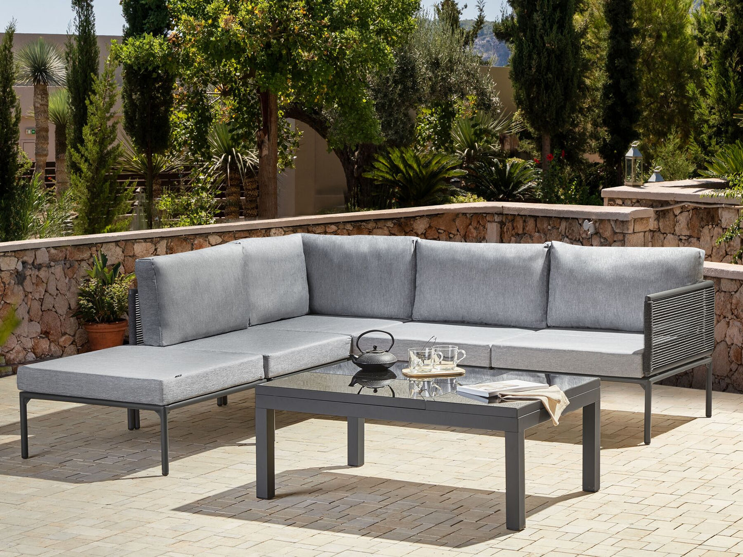 Garden Corner Sofa with Table 6 Seater FORANO Metal Grey