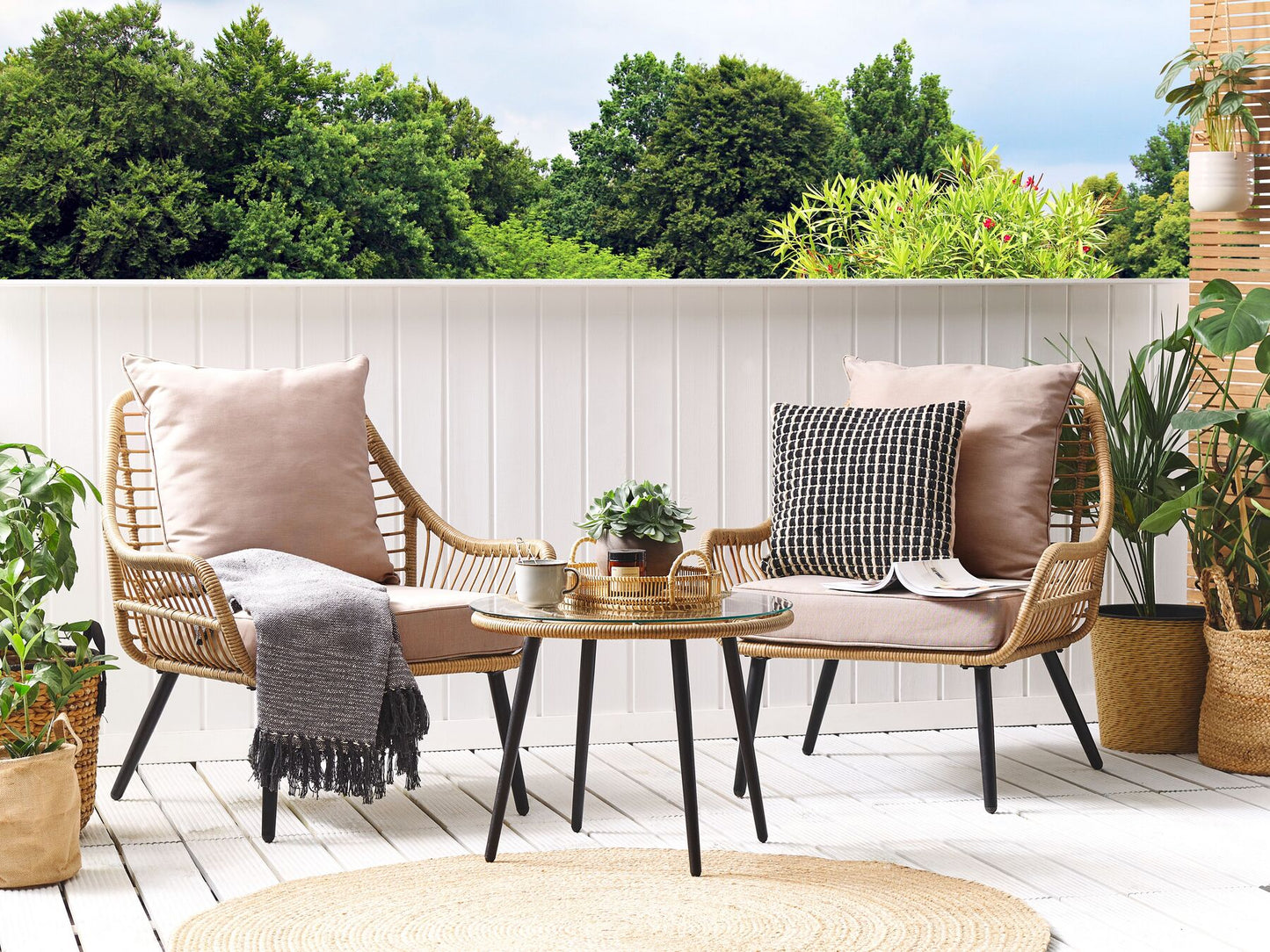 Bistro Set with Cushions LAURETO PE Rattan Natural