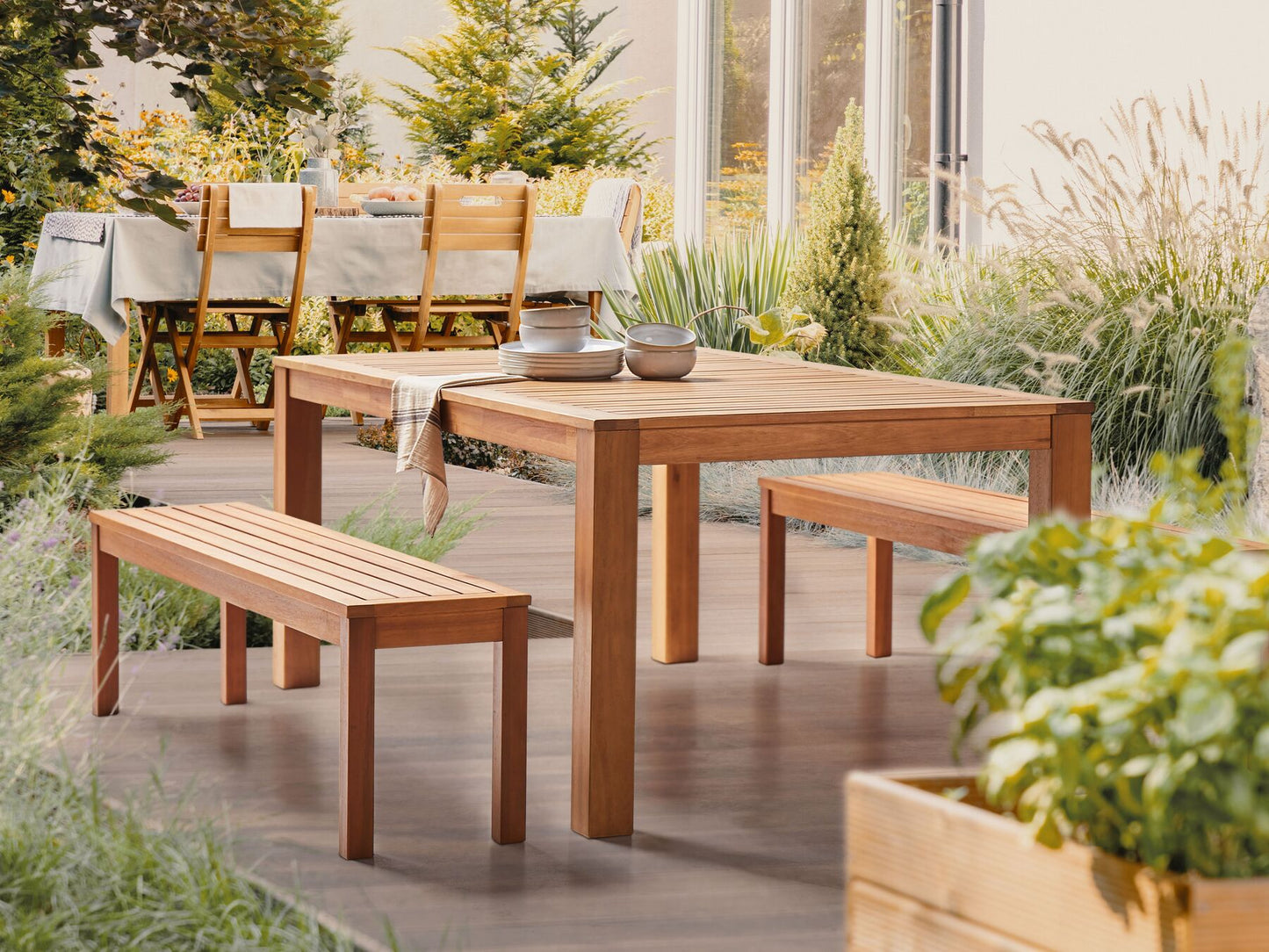 Garden Dining Set with Benches 6 Seater MONSANO Eucalyptus Wood Brown