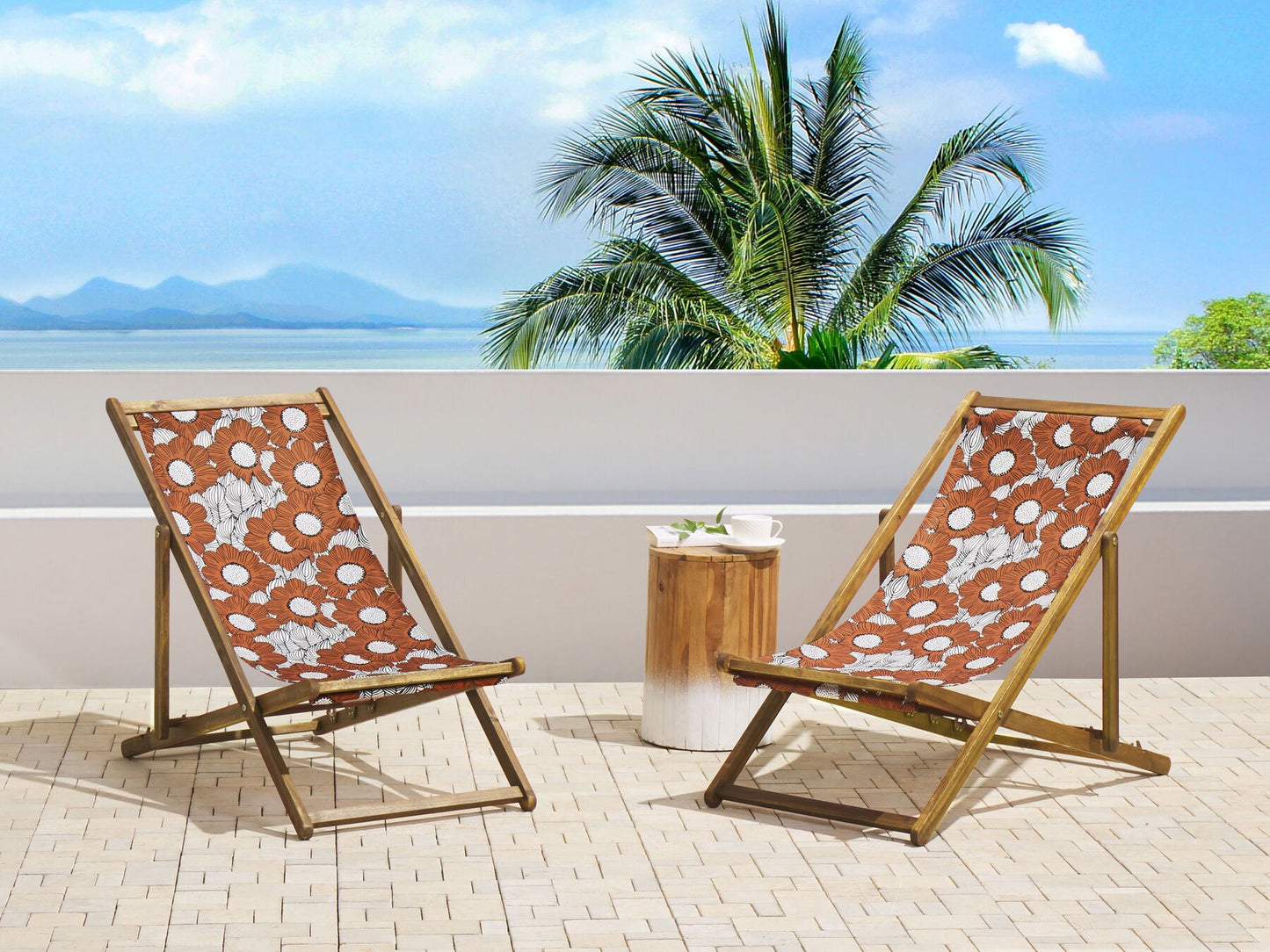 Set of 2 Folding Deck Chairs ANZIO Floral Motif with Replacement Fabrics Acacia Wood Light Brown