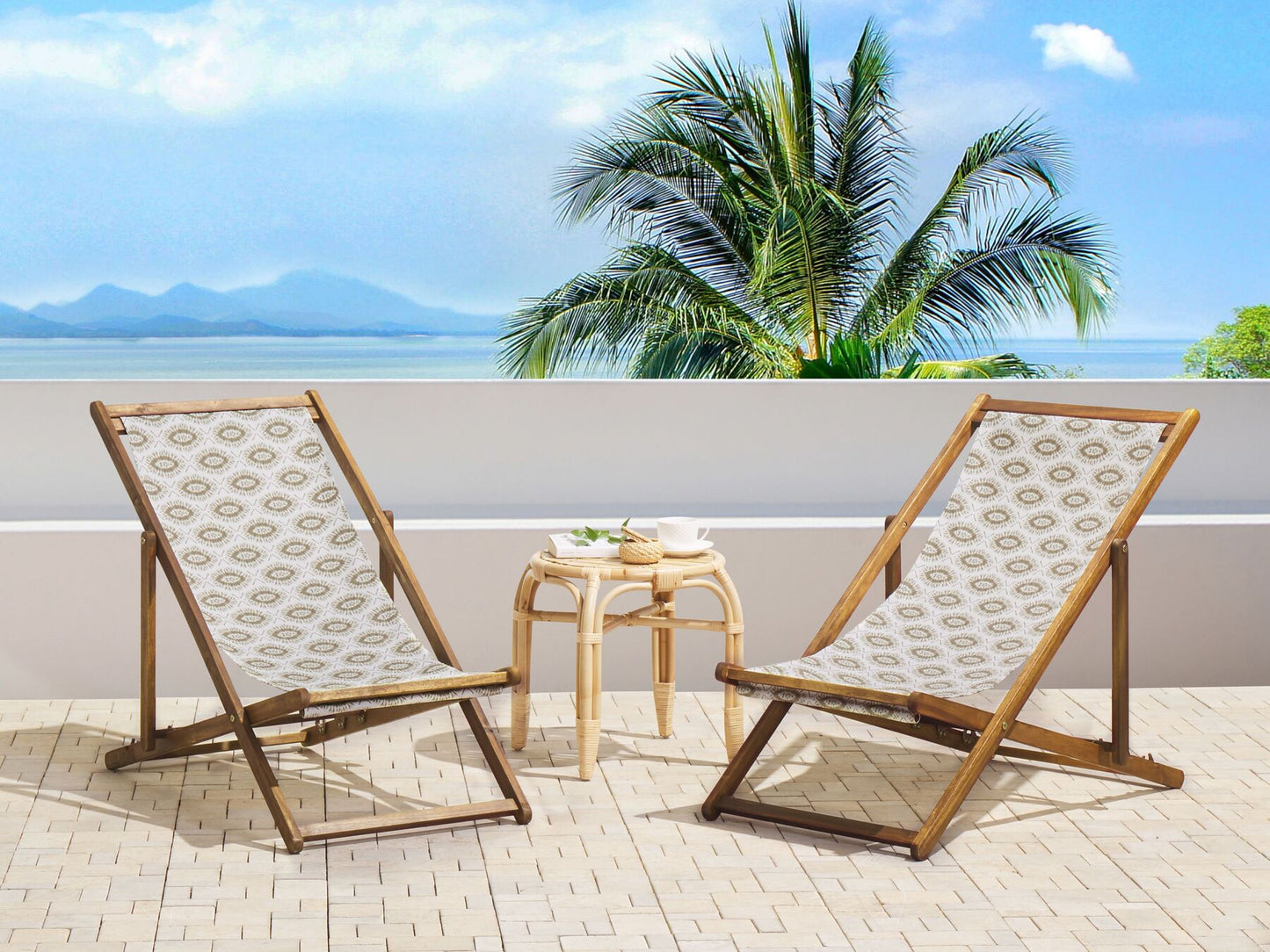 Set of 2 Folding Deck Chairs ANZIO Abstract Motif with Replacement Fabrics Acacia Wood Light Brown