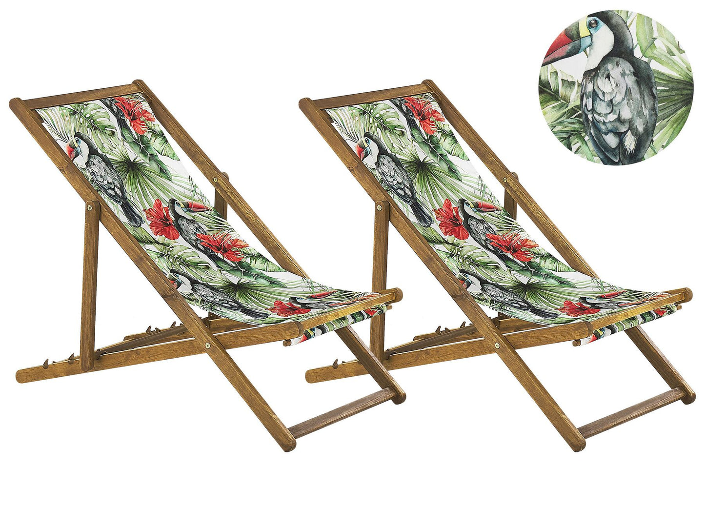 Set of 2 Acacia Folding Deck Chairs and 2 Replacement Fabrics Light Wood with Off-White / Toucan Pattern ANZIO