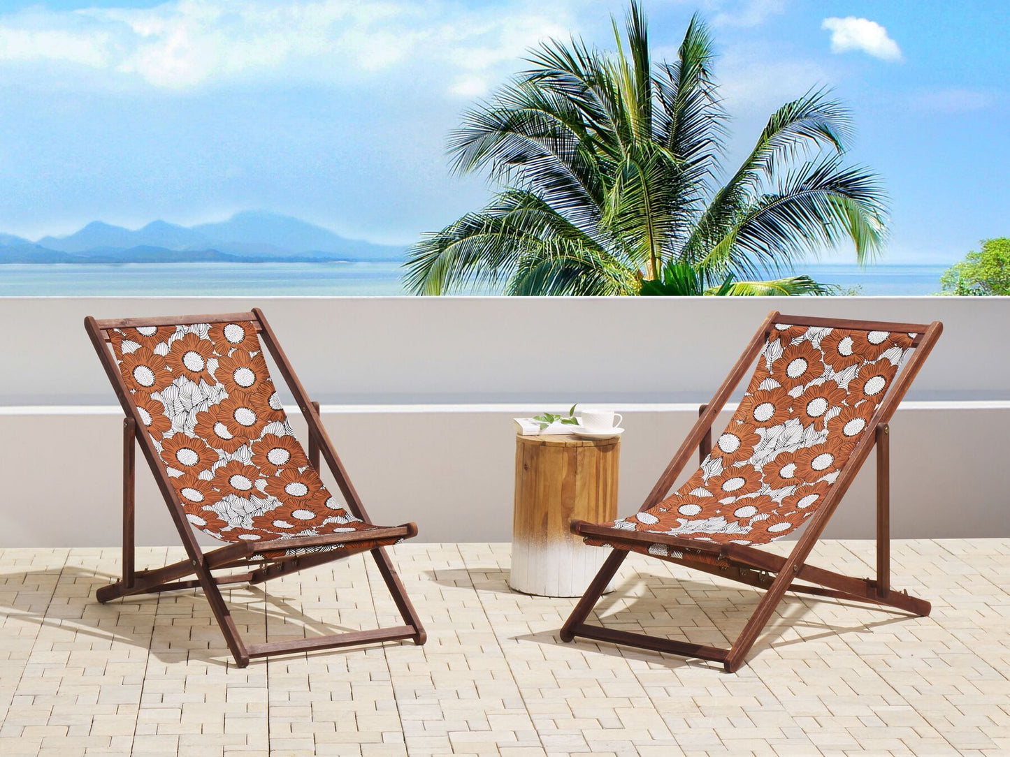 Set of 2 Acacia Folding Deck Chairs and 2 Replacement Fabrics Dark Wood with Off-White / Poppies Pattern ANZIO