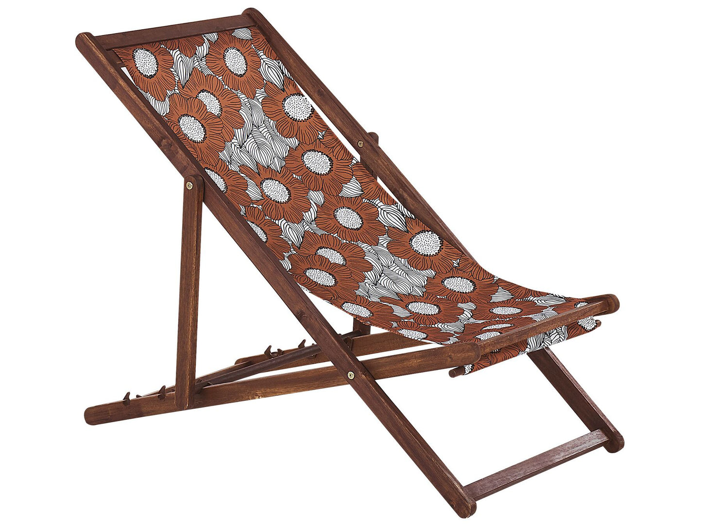 Set of 2 Acacia Folding Deck Chairs and 2 Replacement Fabrics Dark Wood with Off-White / Poppies Pattern ANZIO