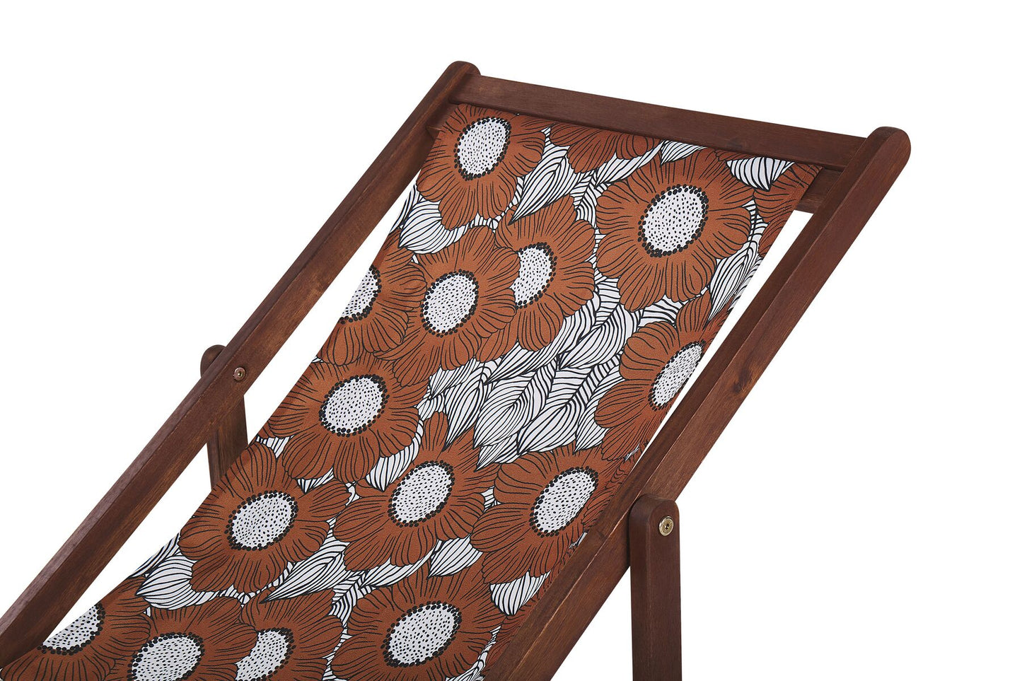 Set of 2 Acacia Folding Deck Chairs and 2 Replacement Fabrics Dark Wood with Off-White / Poppies Pattern ANZIO