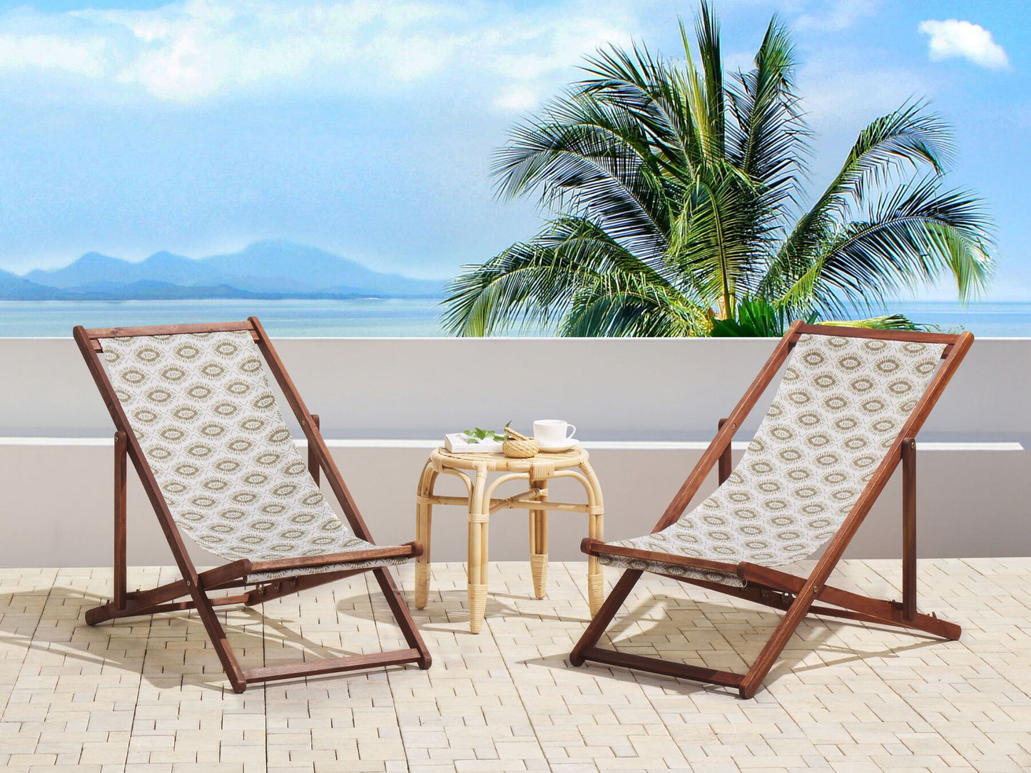 Set of 2 Folding Deck Chairs ANZIO Abstract Motif with Replacement Fabrics Acacia Wood Dark Brown