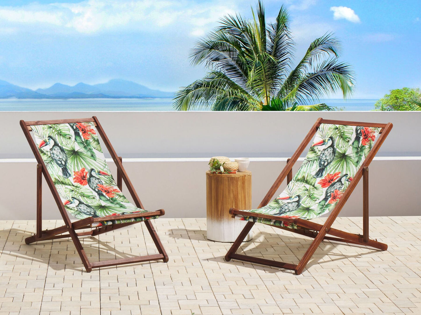 Set of 2 Folding Deck Chairs ANZIO Animal Motif with Replacement Fabrics Acacia Wood Dark Brown