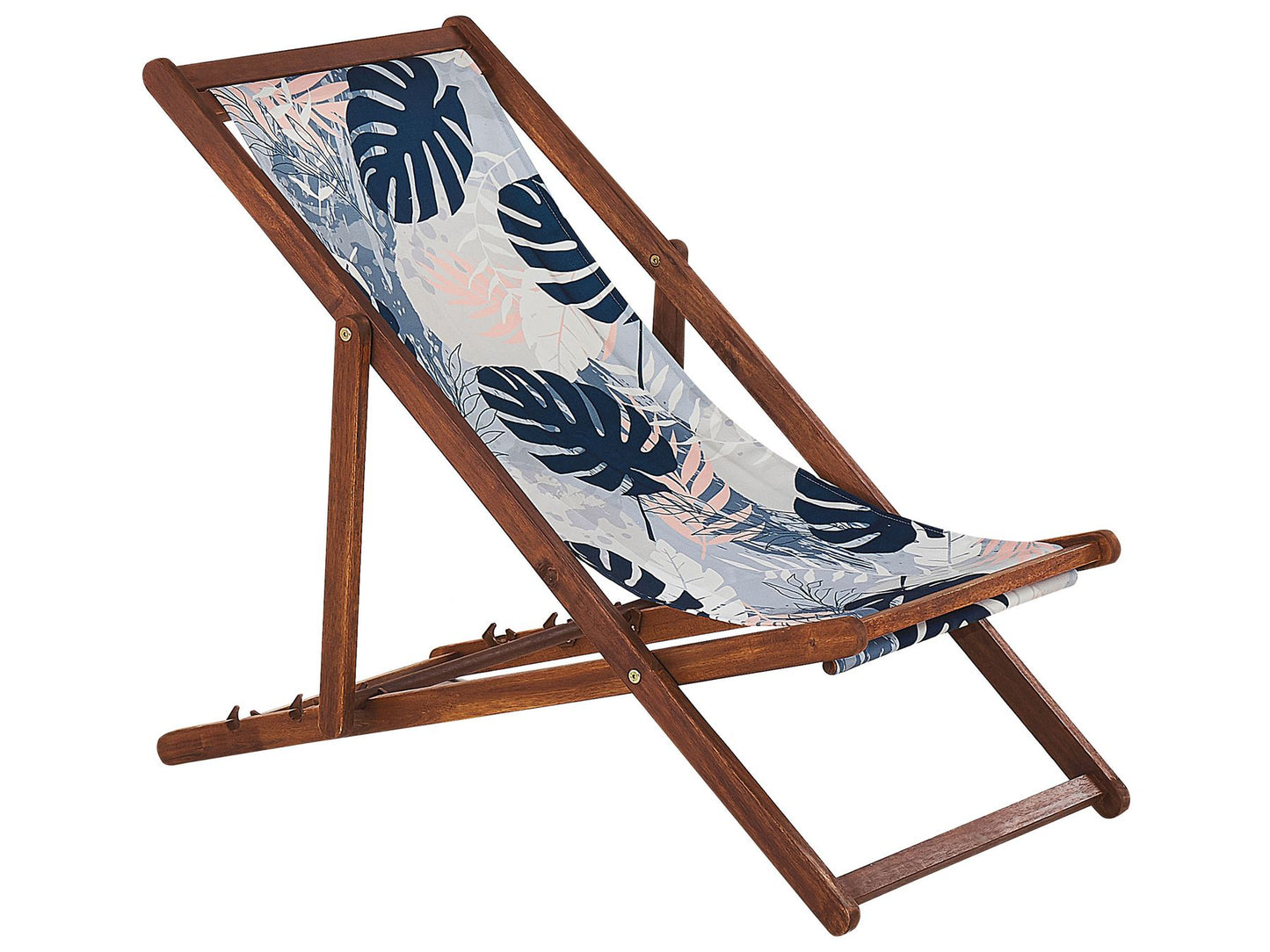 Set of 2 Acacia Folding Deck Chairs and 2 Replacement Fabrics Dark Wood with Off-White / Blue Palm Leaves Pattern ANZIO