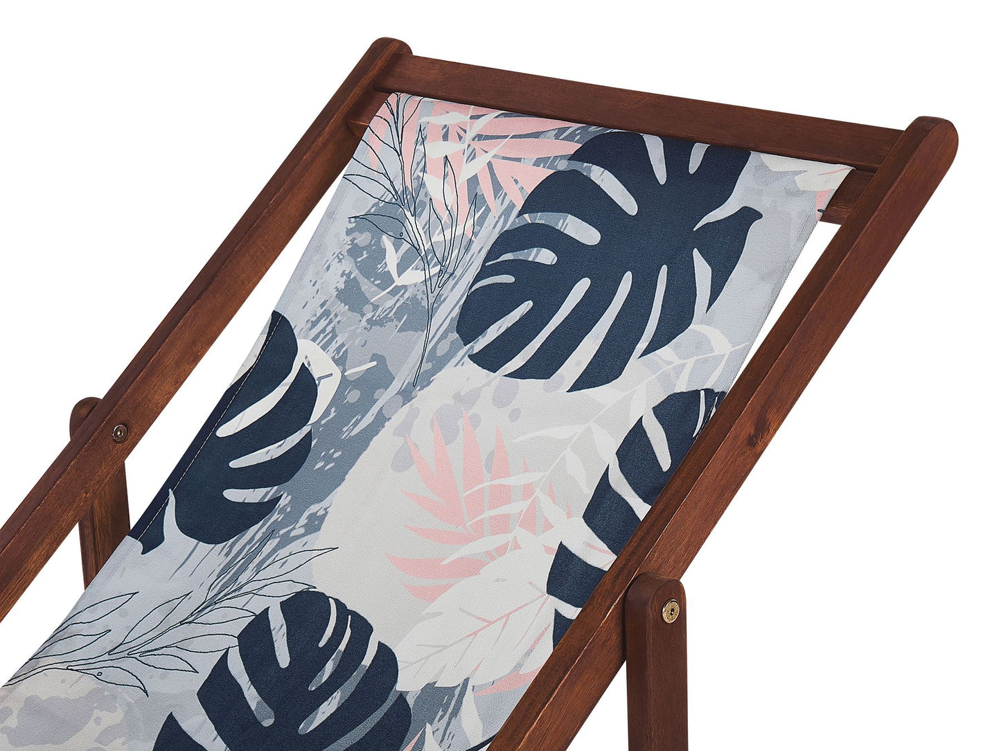 Set of 2 Acacia Folding Deck Chairs and 2 Replacement Fabrics Dark Wood with Off-White / Blue Palm Leaves Pattern ANZIO