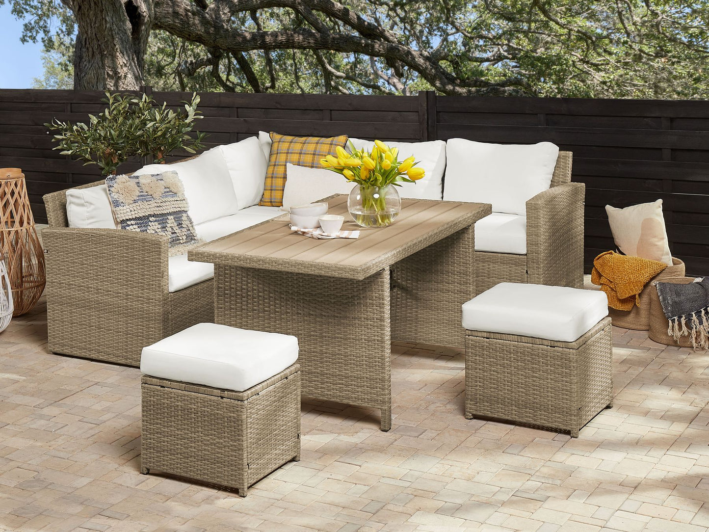Garden Lounge Set with Table and Ottoman 5 Seater BARDI with Cushions PE Rattan Brown