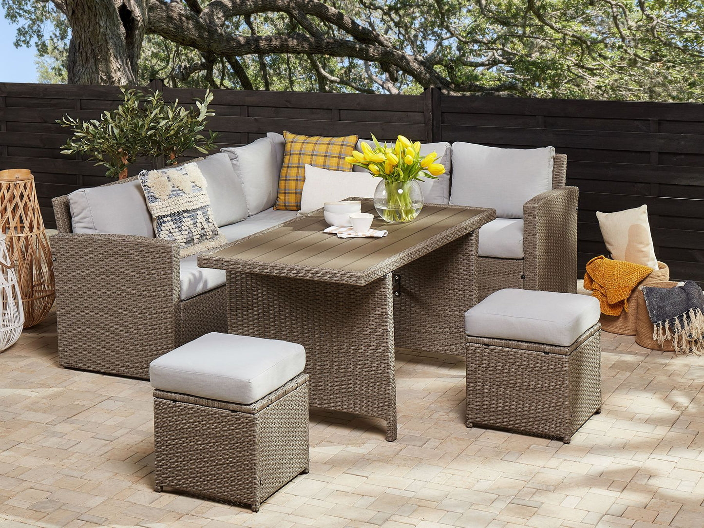 Garden Lounge Set with Table and Ottoman 5 Seater BARDI with Cushions PE Rattan Taupe
