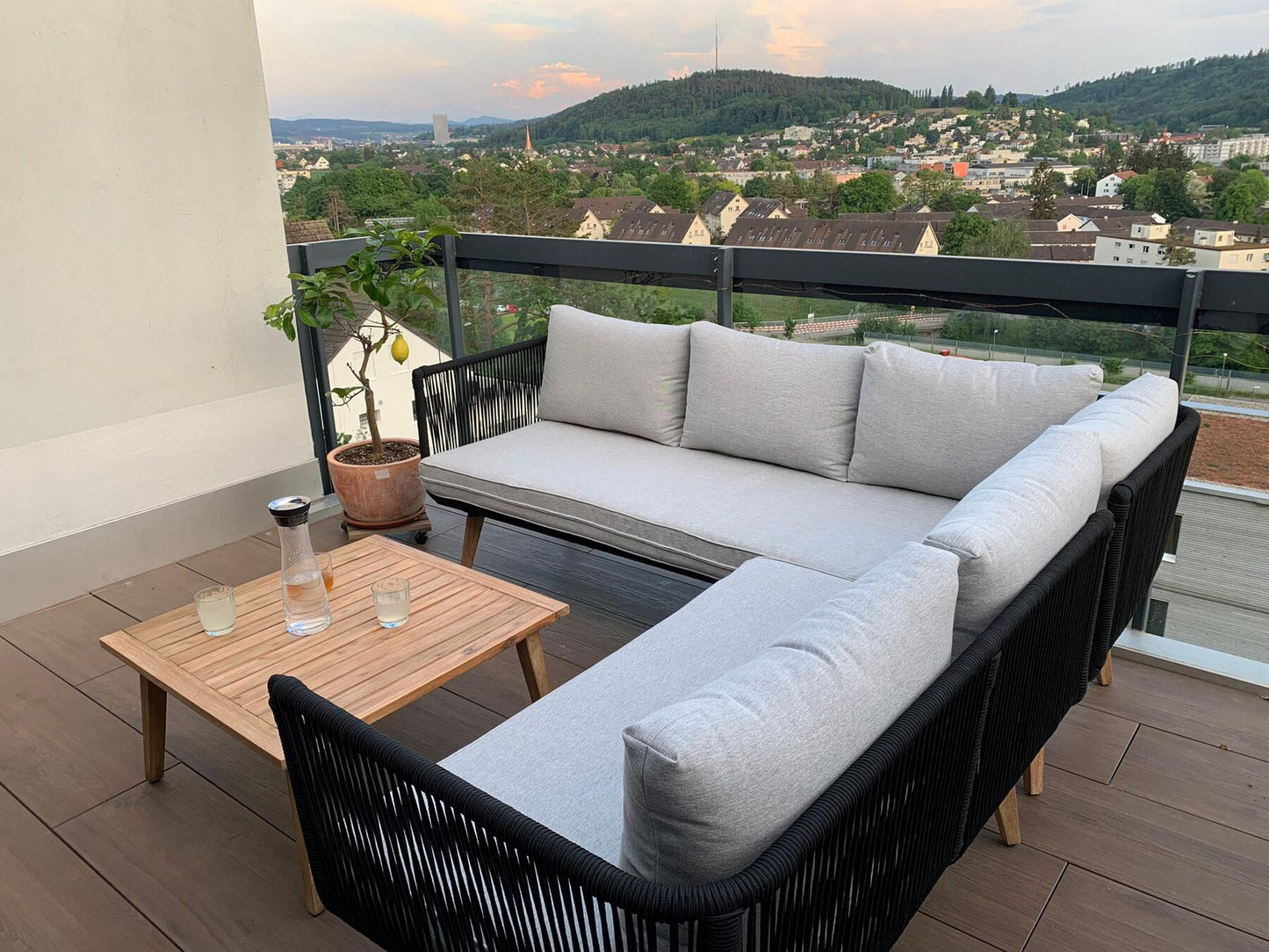 Garden Corner Sofa with Table 5 Seater ALCAMO Left Hand Acacia Wood Black