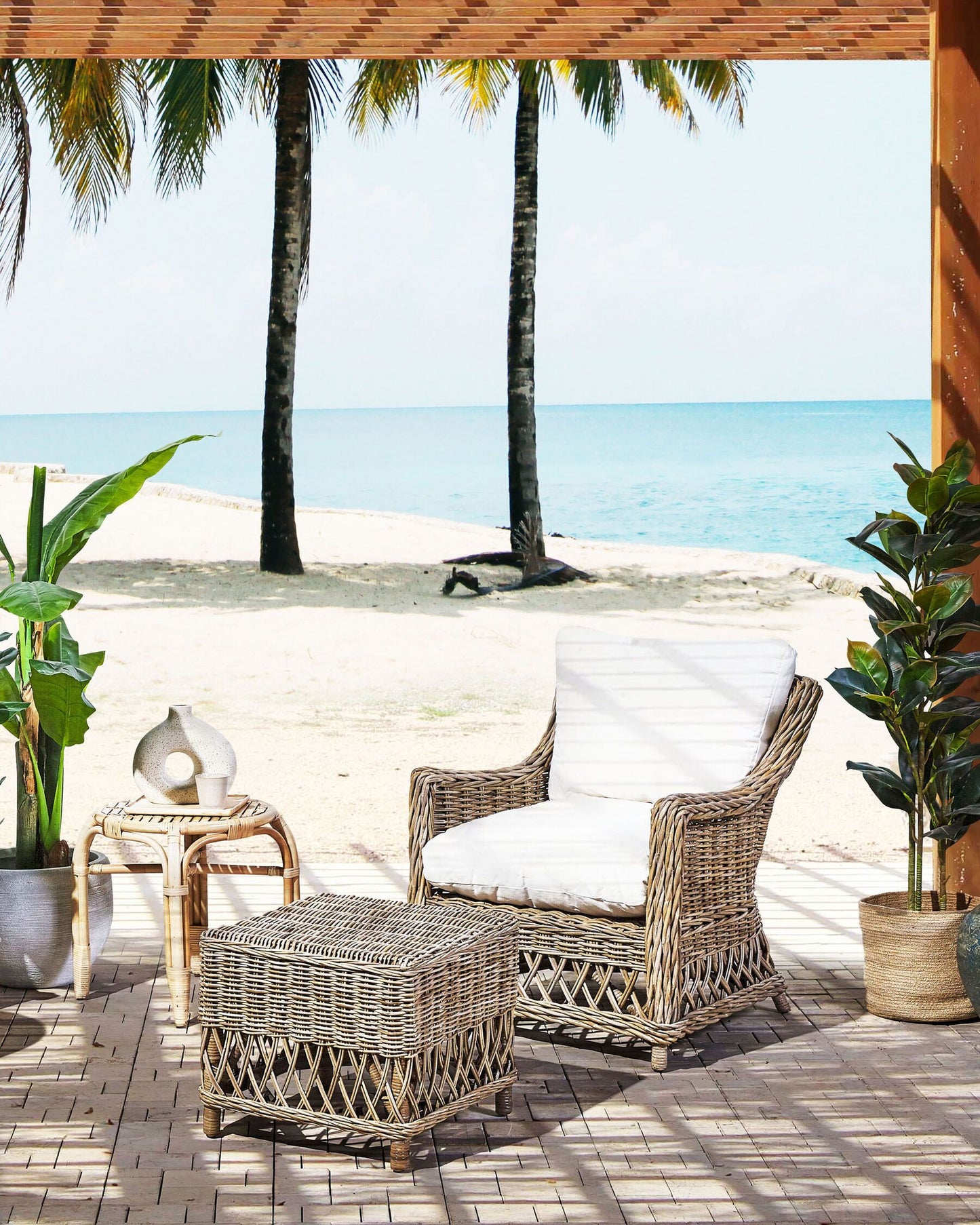Garden Armchair with Footstool Rattan Natural