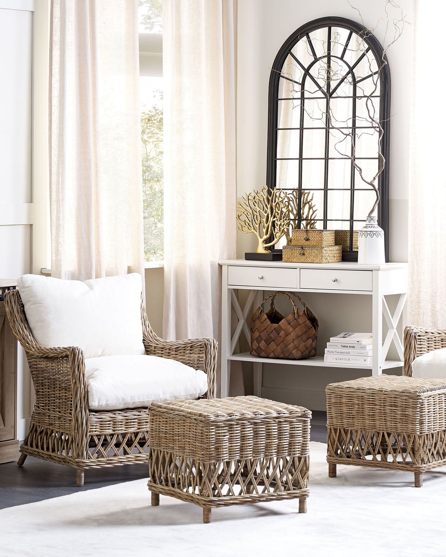 Set of 2 Garden Armchairs with Cushions RIBOLLA with Footstool Rattan Natural