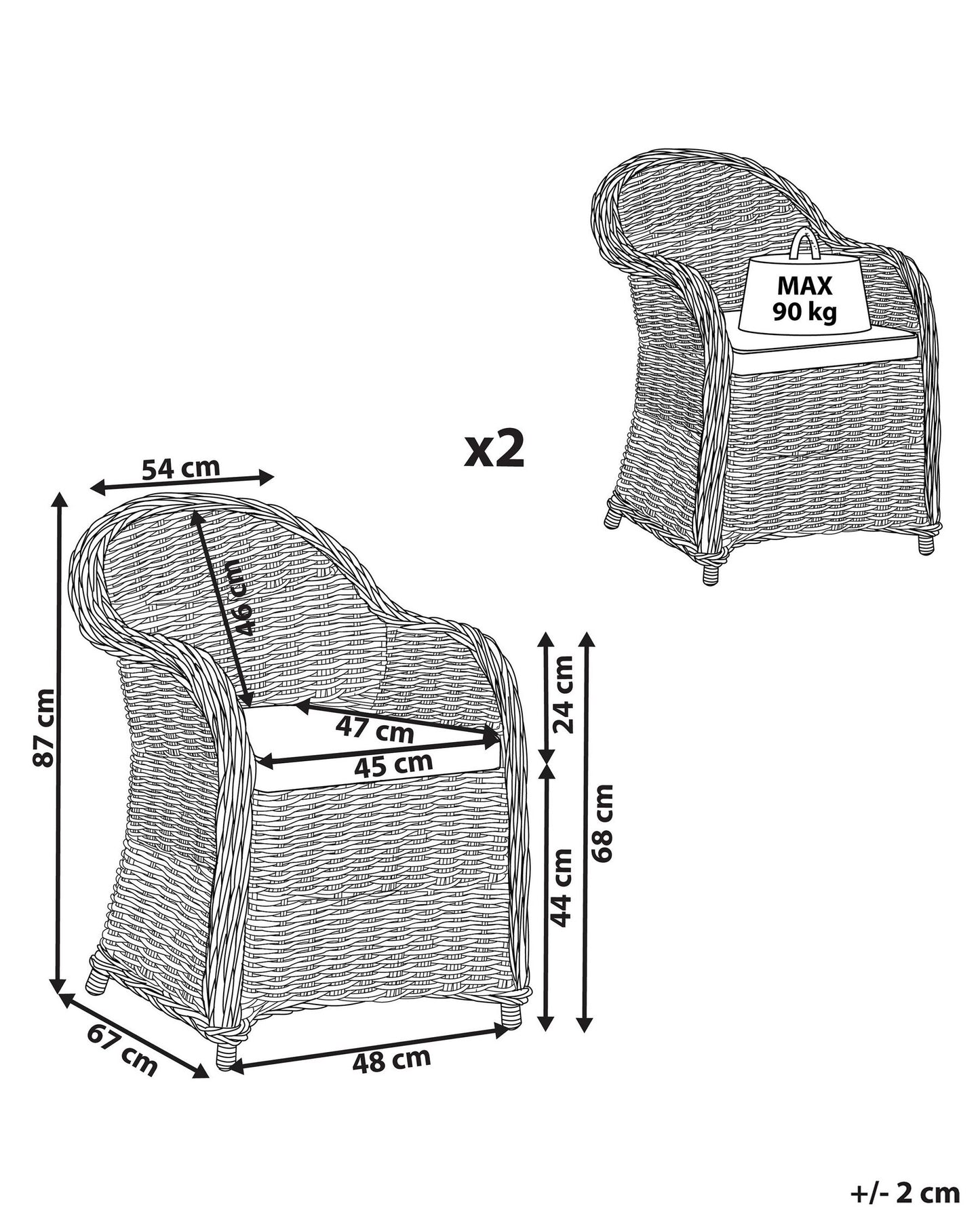 set of 2 garden armchairs with cushions susua rattan natural